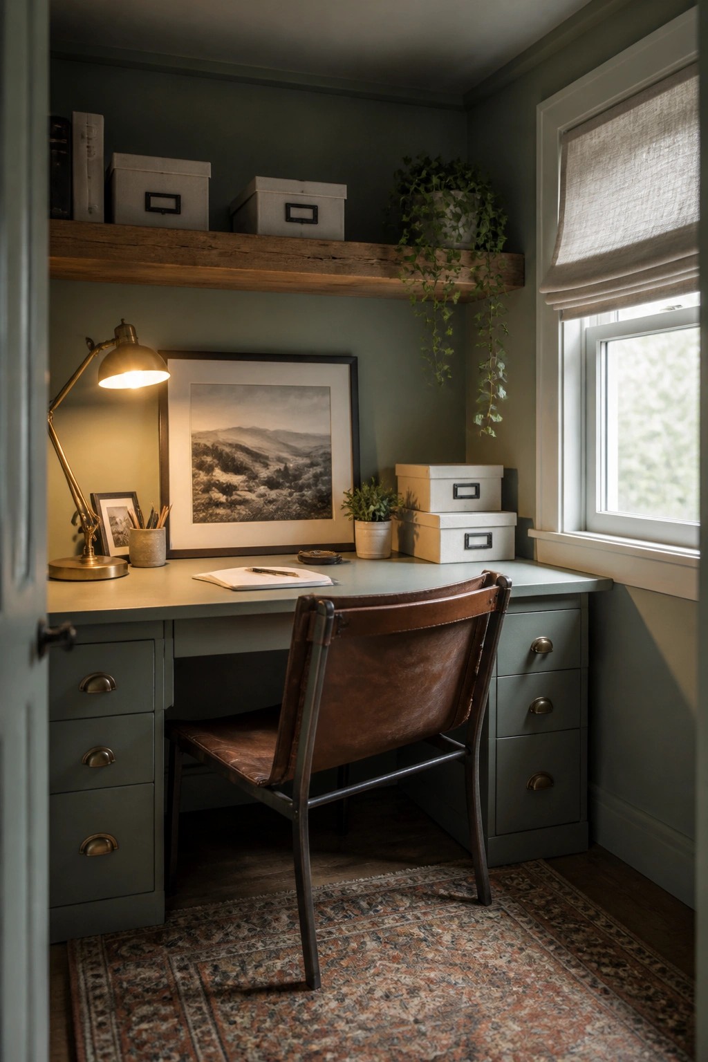 A small workspace with sage green walls and a matching painted desk, a wooden floating shelf above, a brown leather chair, and a window with a linen shade on the right.