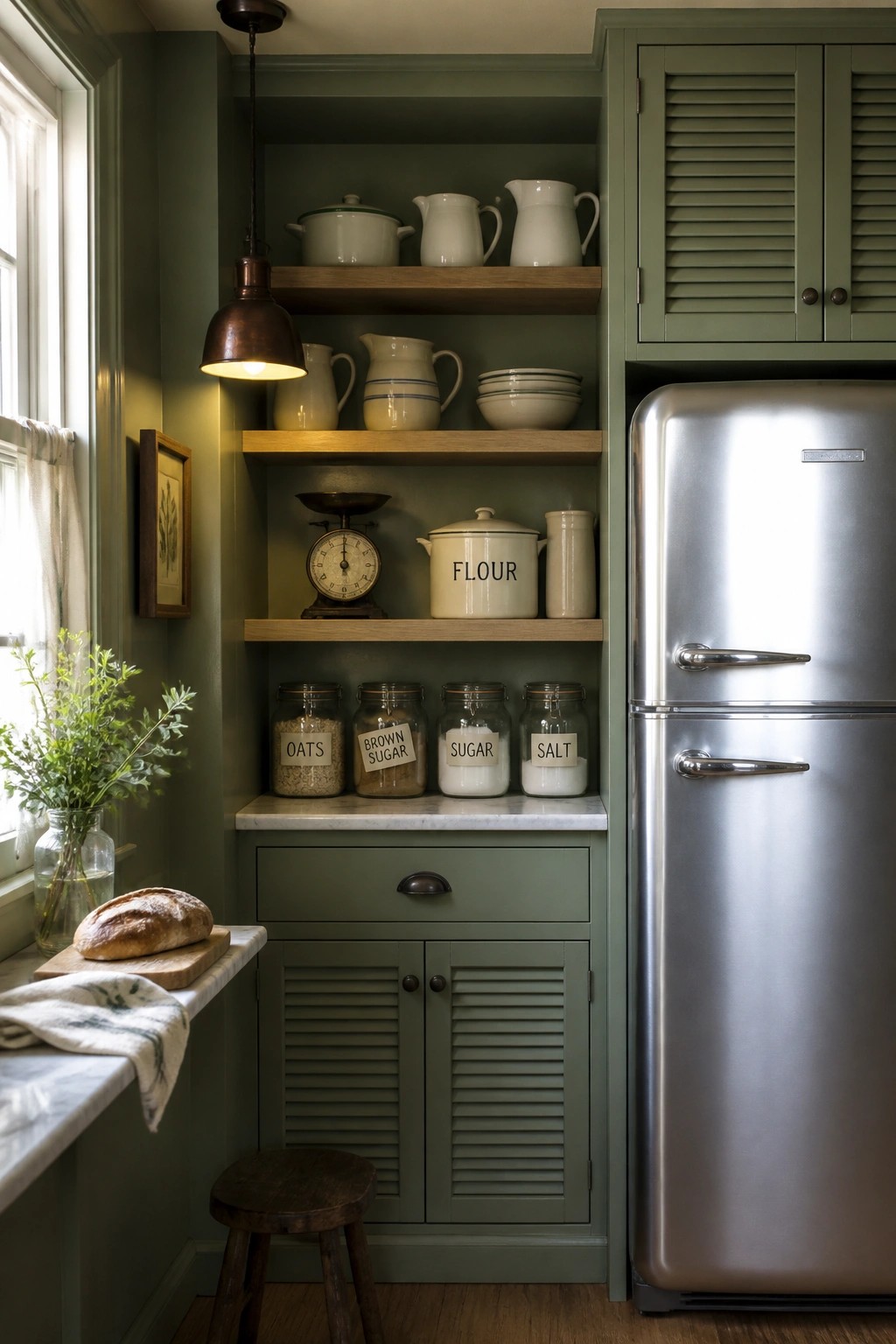A kitchen corner with green painted walls and cabinetry, open wooden shelves holding jars and dishes, a stainless steel refrigerator on the right, and a small window with plants on the left.