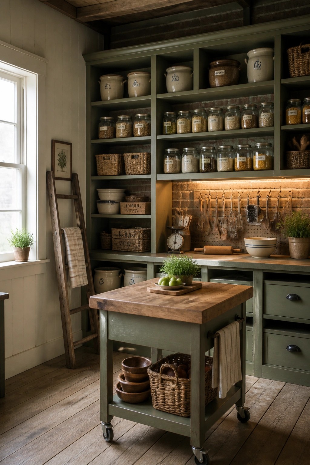 A kitchen interior with sage green painted open shelving filled with jars and baskets, a wooden rolling island, and a brick backsplash with hanging utensils.