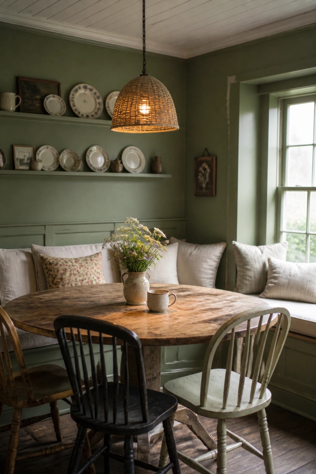 A dining room with sage green walls, a round wooden table, built-in bench seating with pillows, and a woven pendant light.