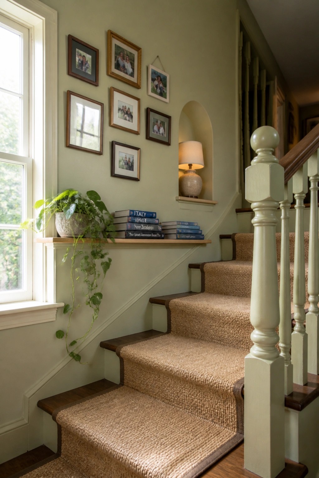 Interior view of a carpeted staircase with light green walls, framed photos arranged on the wall, a potted plant on a shelf, and books stacked along the steps.