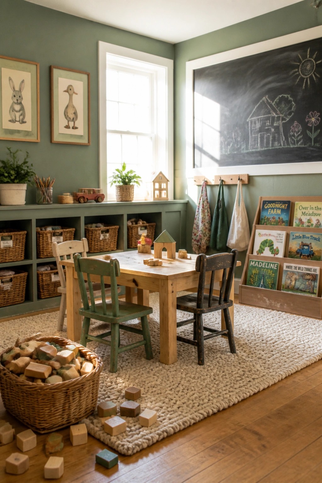 A children's playroom with sage green walls, a wooden table with chairs, a chalkboard, woven baskets, and a basket of wooden blocks on the floor.