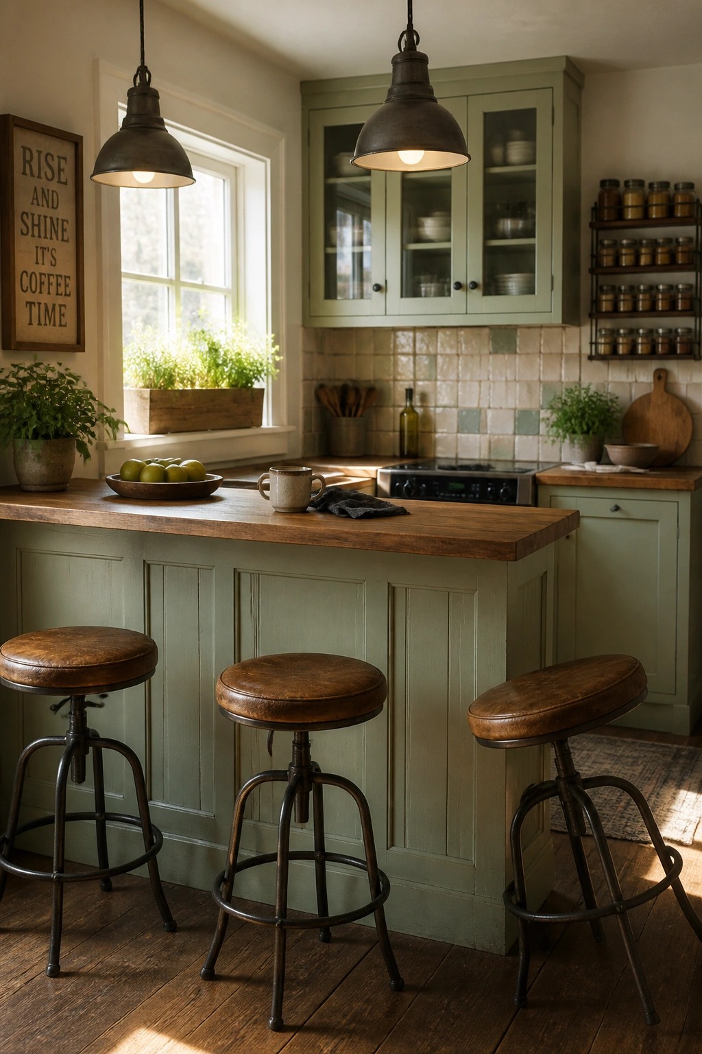 A kitchen interior with sage green cabinets, a wooden island countertop, three brown leather stools, and two dark pendant lights.