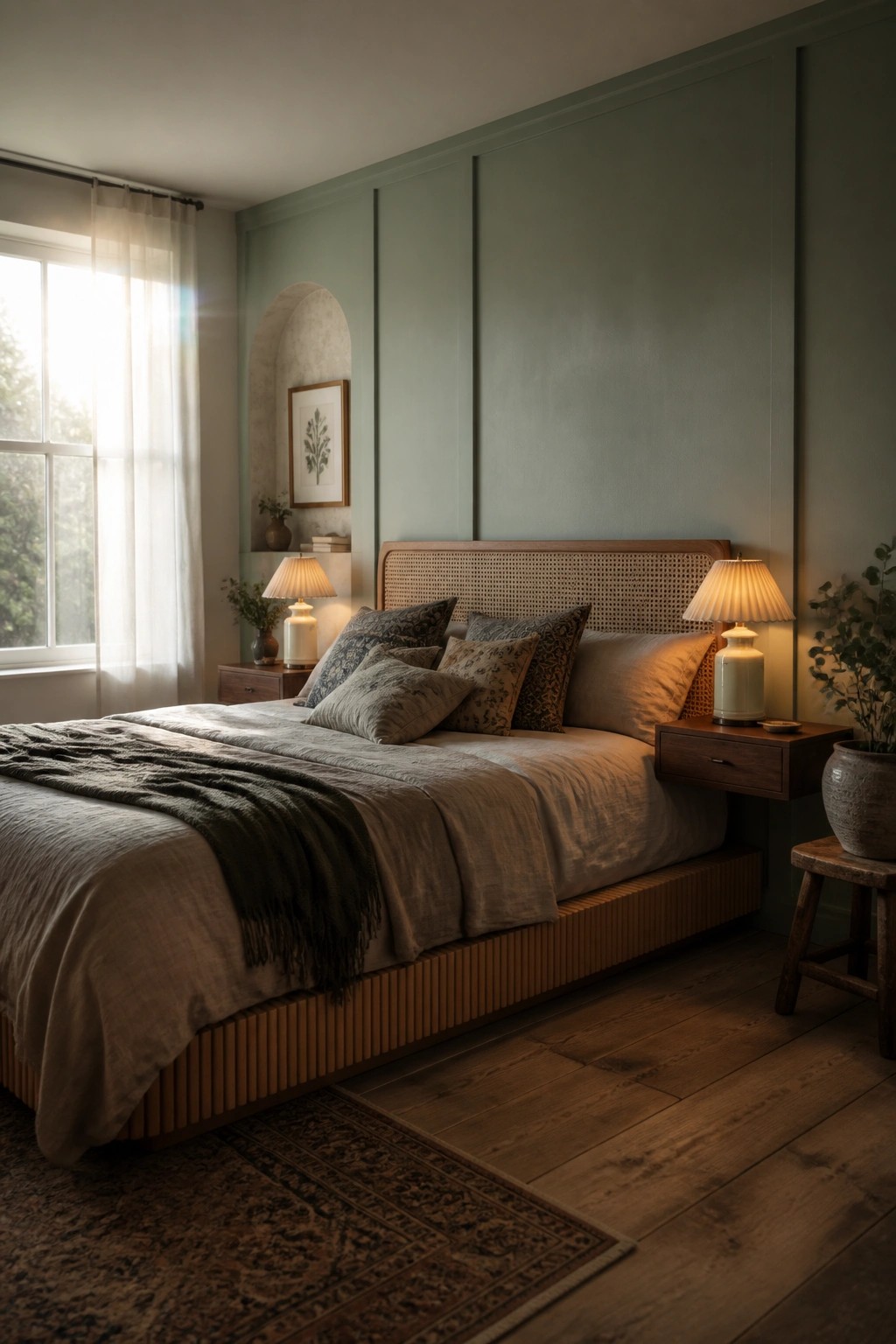 A bedroom with sage green paneled walls, a wooden bed with cane headboard and neutral bedding, two lit table lamps on nightstands, and a window with sheer curtains.