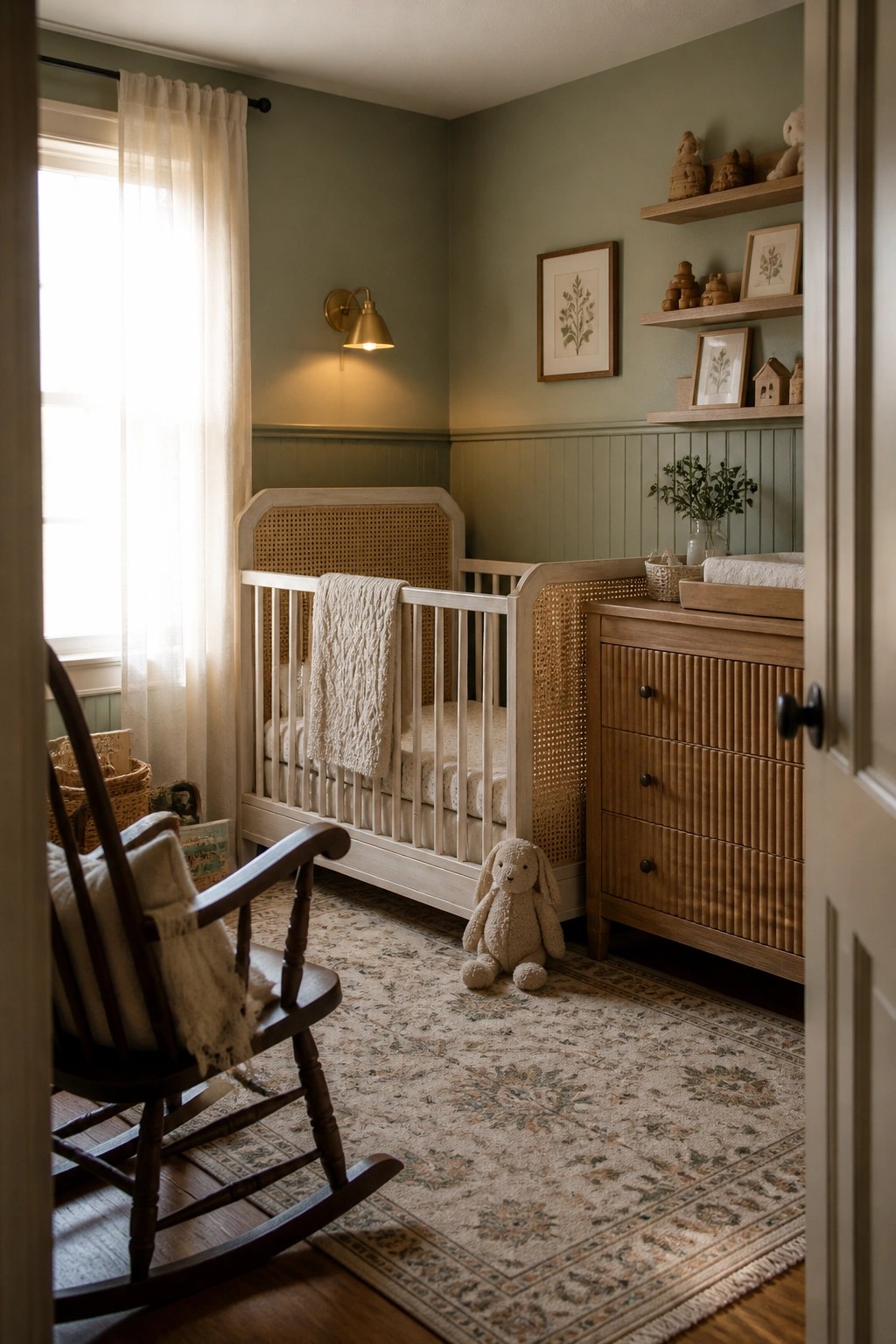 A nursery interior with sage green walls above white wainscoting, a white crib with cane panels, a wooden dresser, a rocking chair, and a patterned rug on the floor.