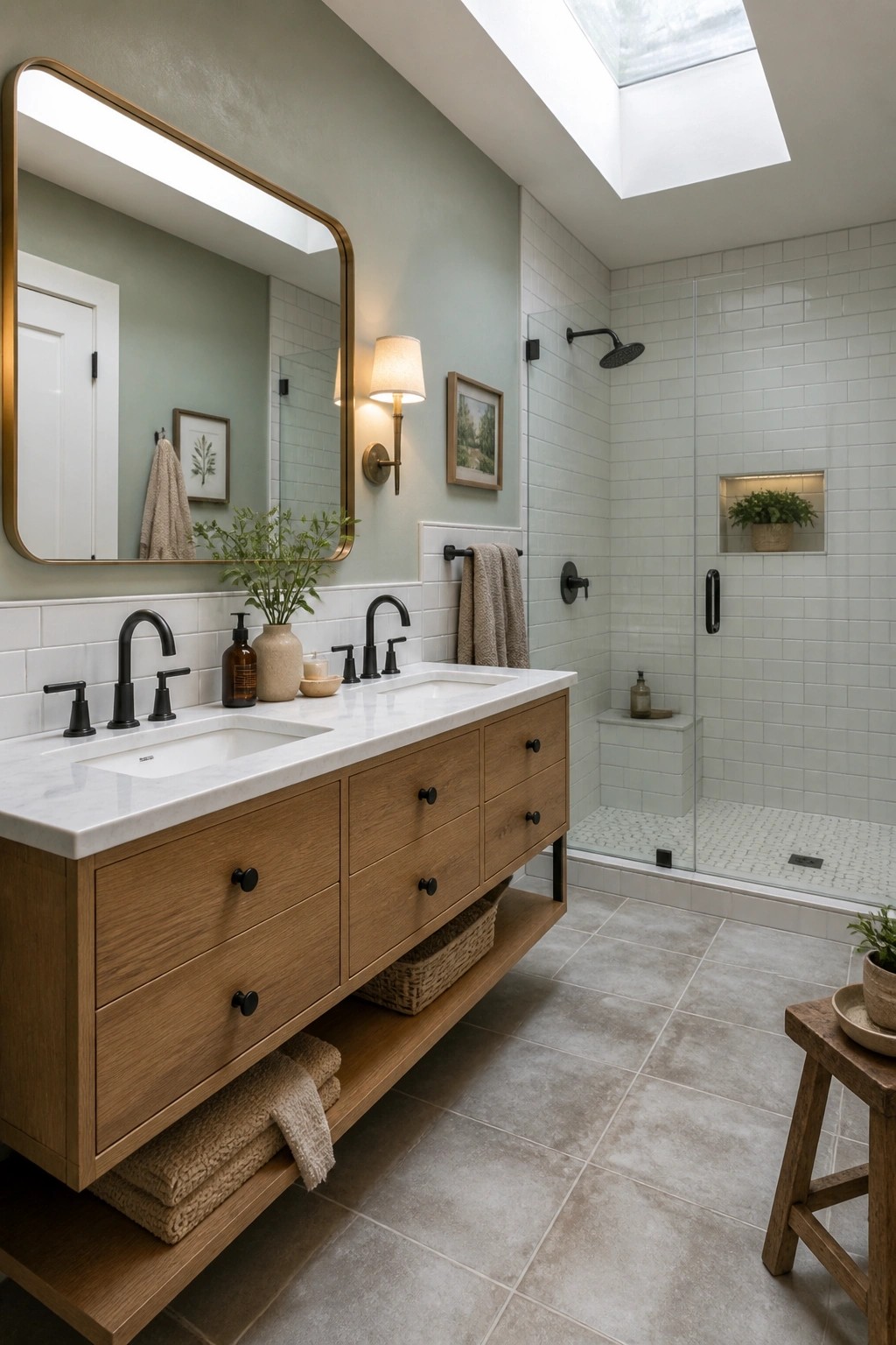 A bathroom interior with sage green walls, a floating wood vanity with two sinks, white subway tile, and a glass shower enclosure.