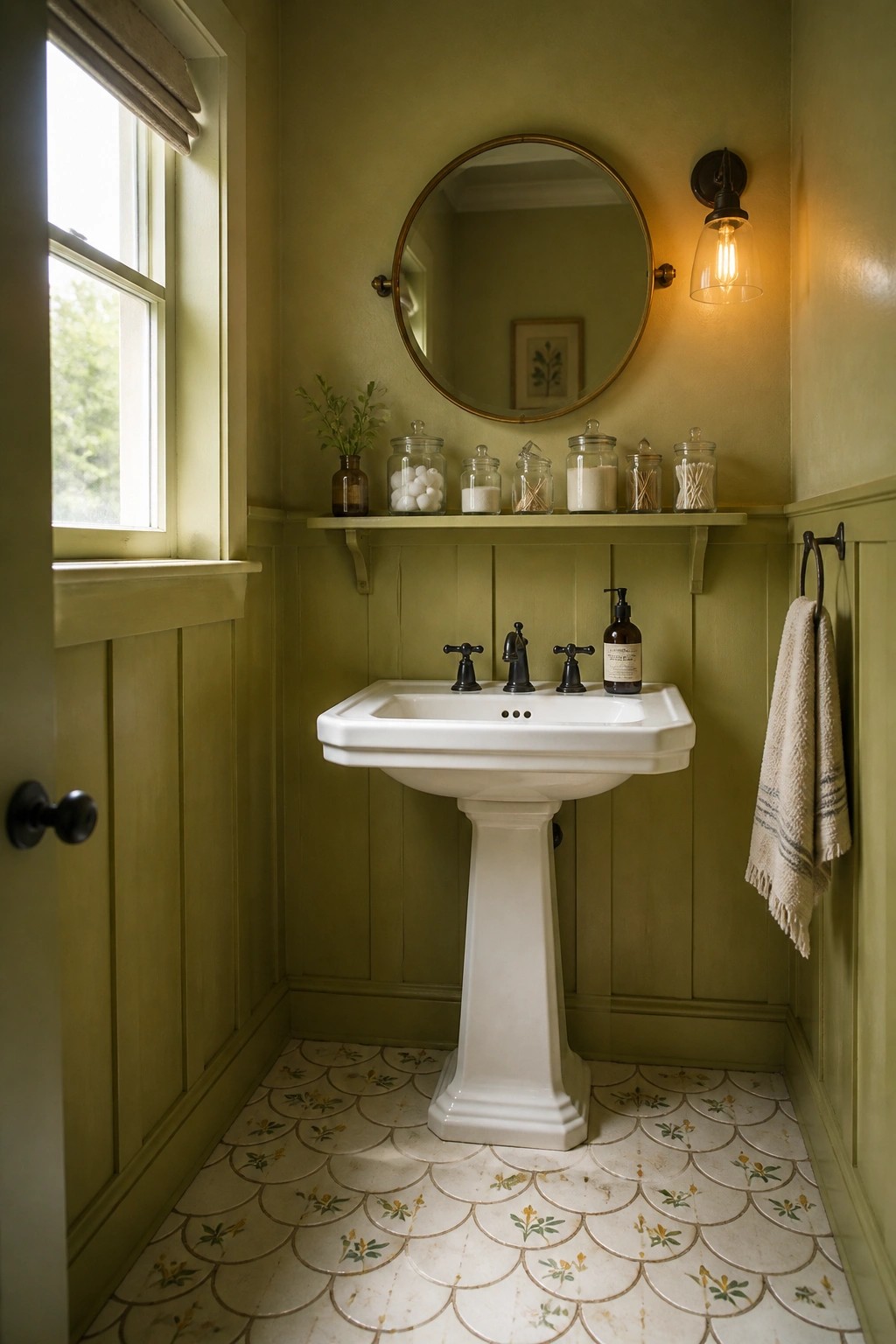 A small bathroom with sage green walls, a white pedestal sink, a round mirror, and patterned tile flooring.