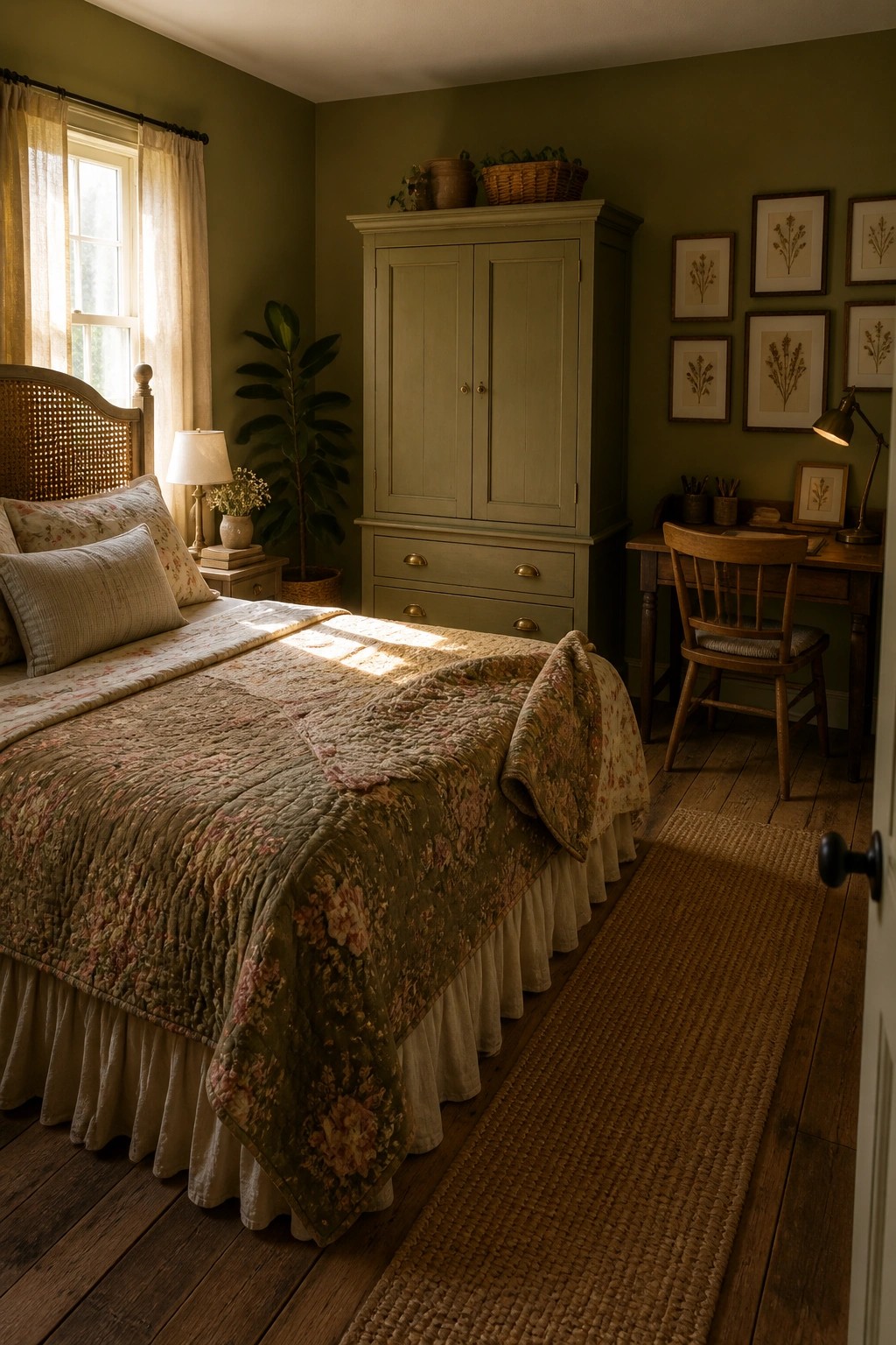 A bedroom interior with muted green walls, a bed with a floral quilt, a tall green wardrobe, and a wooden desk area.