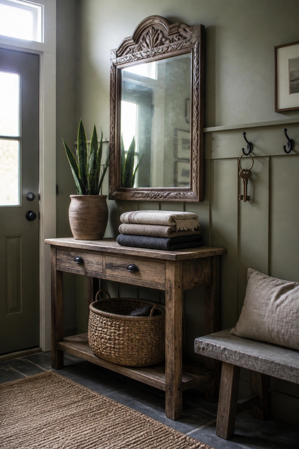 A wooden console table with drawers and a lower shelf holding a woven basket sits below an ornate mirror on sage green walls, next to a stone bench.