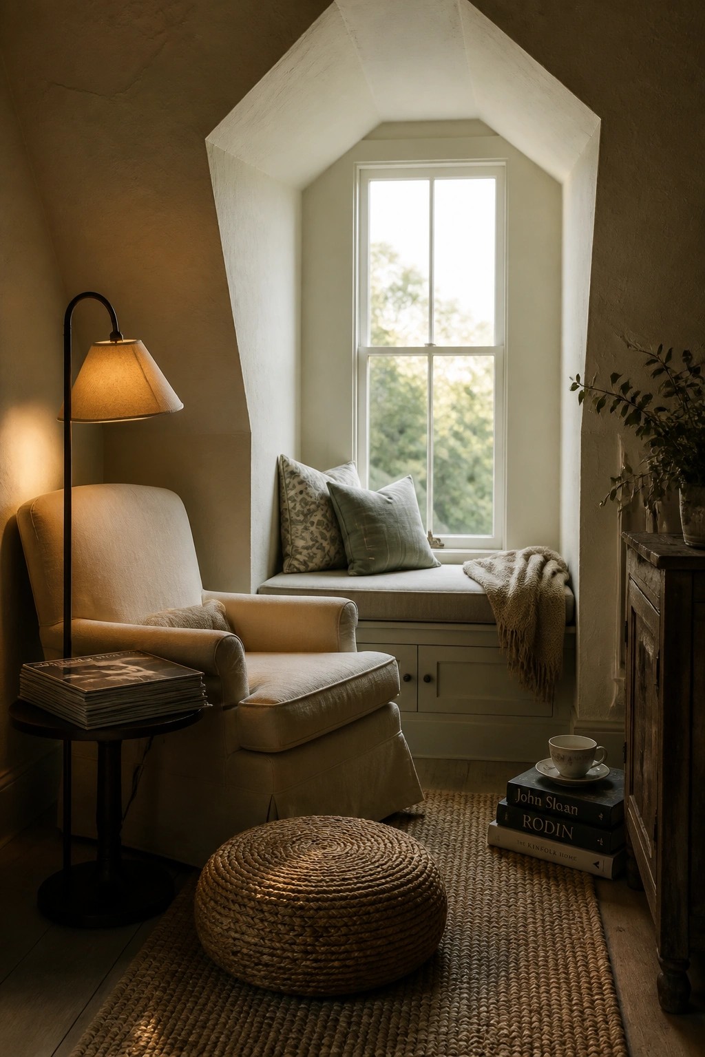 Cozy beige armchair with lit floor lamp beside window seat, woven pouf, and books.