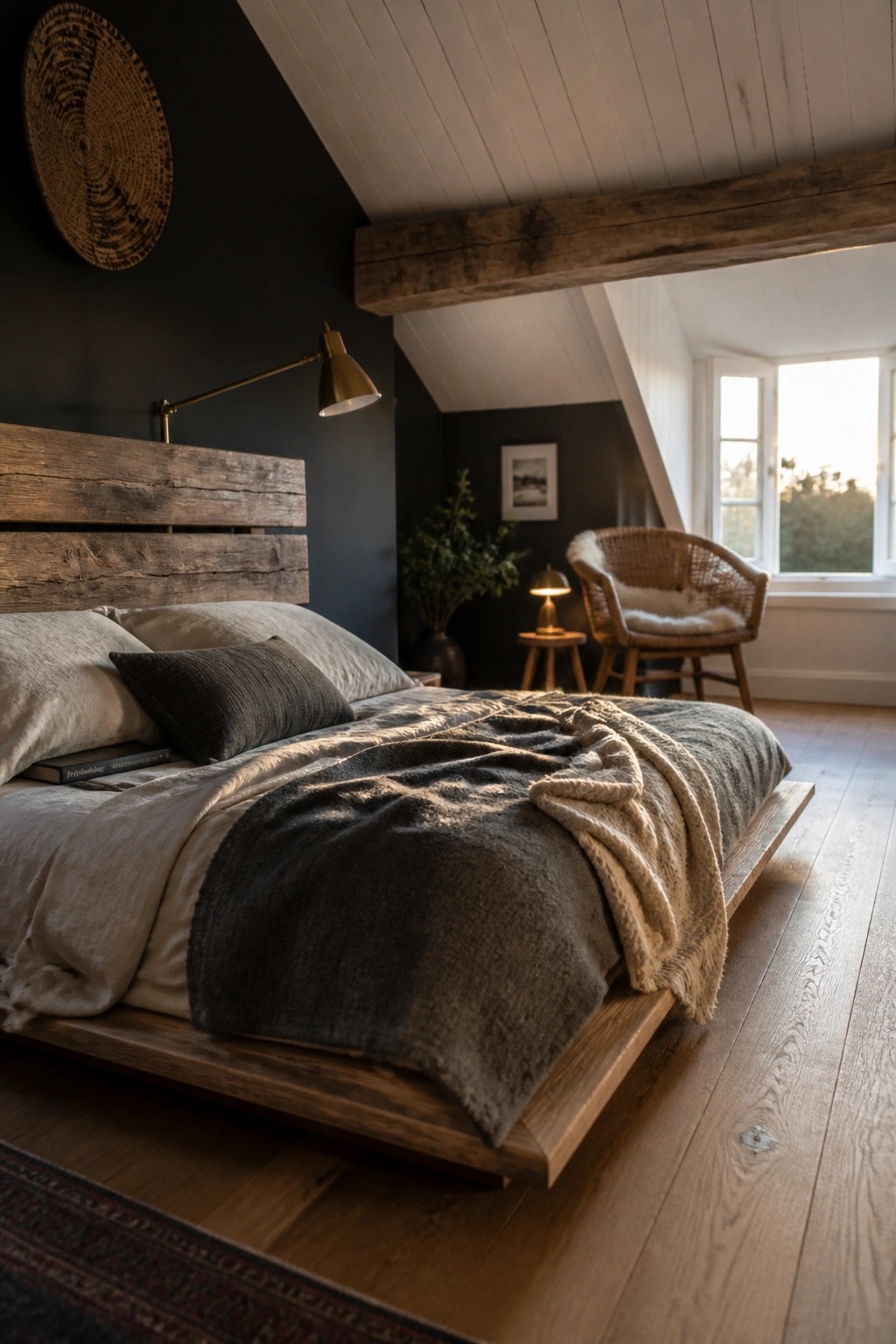 A bedroom with dark walls, a low wooden bed with rumpled bedding, and a brass wall sconce above the headboard.