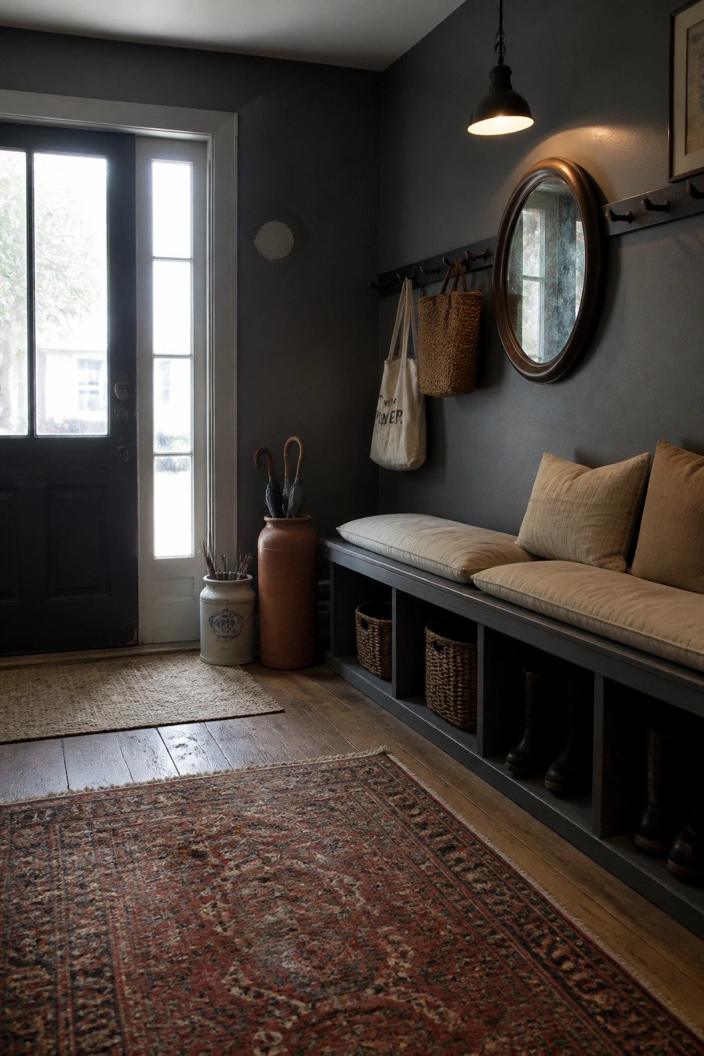 A rustic interior entry with dark gray walls, a built-in bench with cushions and cubby storage, woven baskets, umbrellas in a tall vessel, and a glass door.