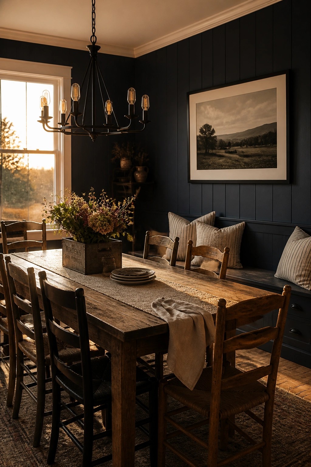 A rustic dining room with dark blue paneled walls, a long wooden table, wooden chairs, a black chandelier, and a floral arrangement in a crate.