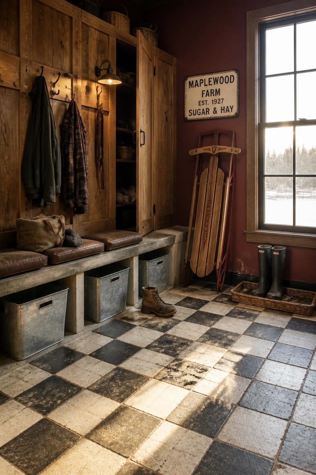 A rustic interior mudroom with deep red walls, wooden built-in cabinetry and hooks, a black and white checkered tile floor, and winter gear stored along the bench and walls.
