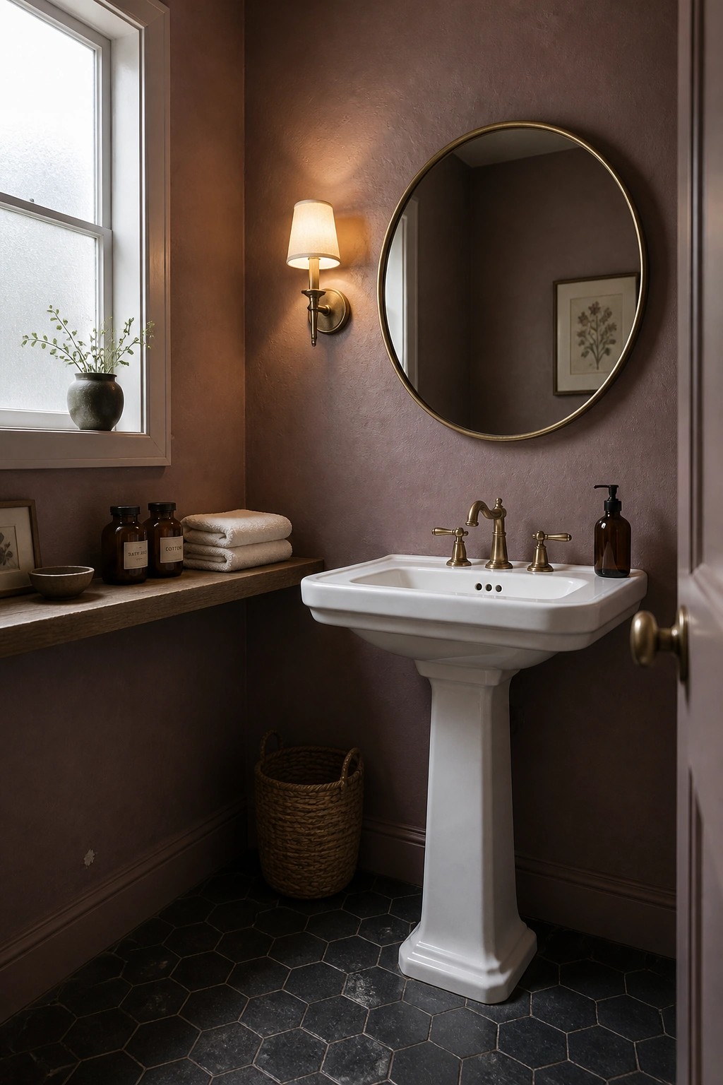 A bathroom with dusty brown walls, a white pedestal sink, a round brass mirror, and a wooden shelf under a window.