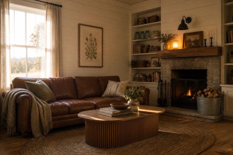 23 Farmhouse Wall Colors That Complement Rustic Interiors A living room featuring white shiplap walls, a brown leather sofa with pillows, a round wooden coffee table on a round jute rug, built-in white shelves holding books and jars, and a stone fireplace with a lit fire.