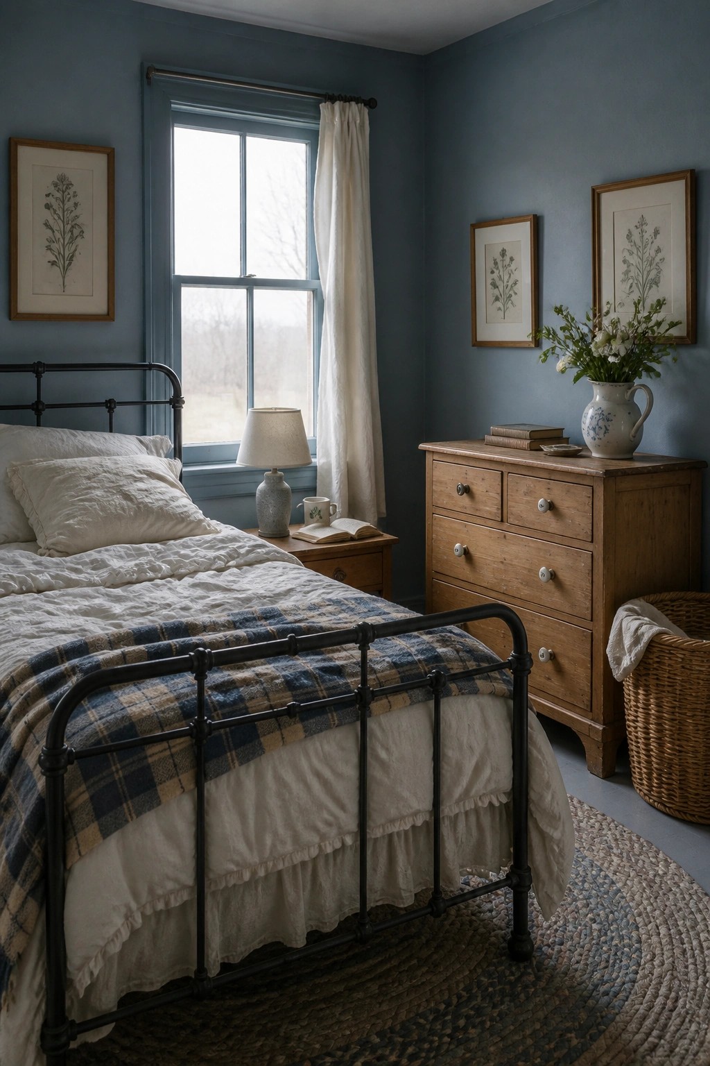 A bedroom interior with blue walls, a black metal bed with white and plaid bedding, a wooden dresser, framed botanical prints, and a window with white curtains.