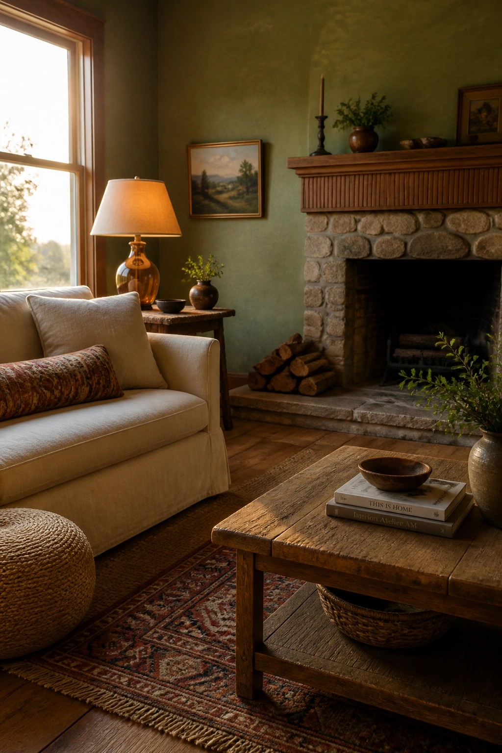 A living room with muted green walls, a stone fireplace, a white sofa with pillows, and a wooden coffee table on a patterned rug.