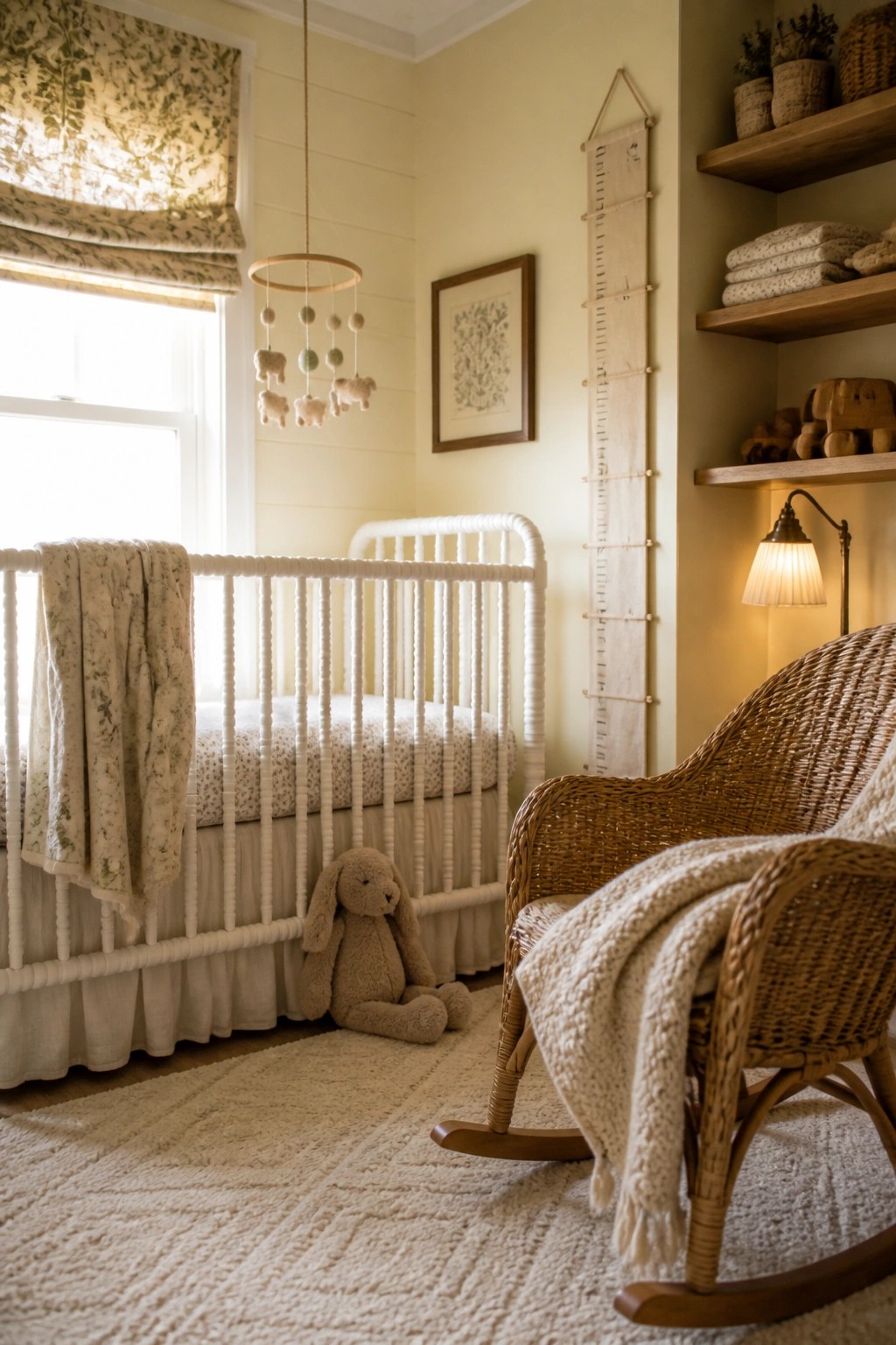 A nursery interior with pale yellow walls, a white crib, and a wicker rocking chair on a textured rug.