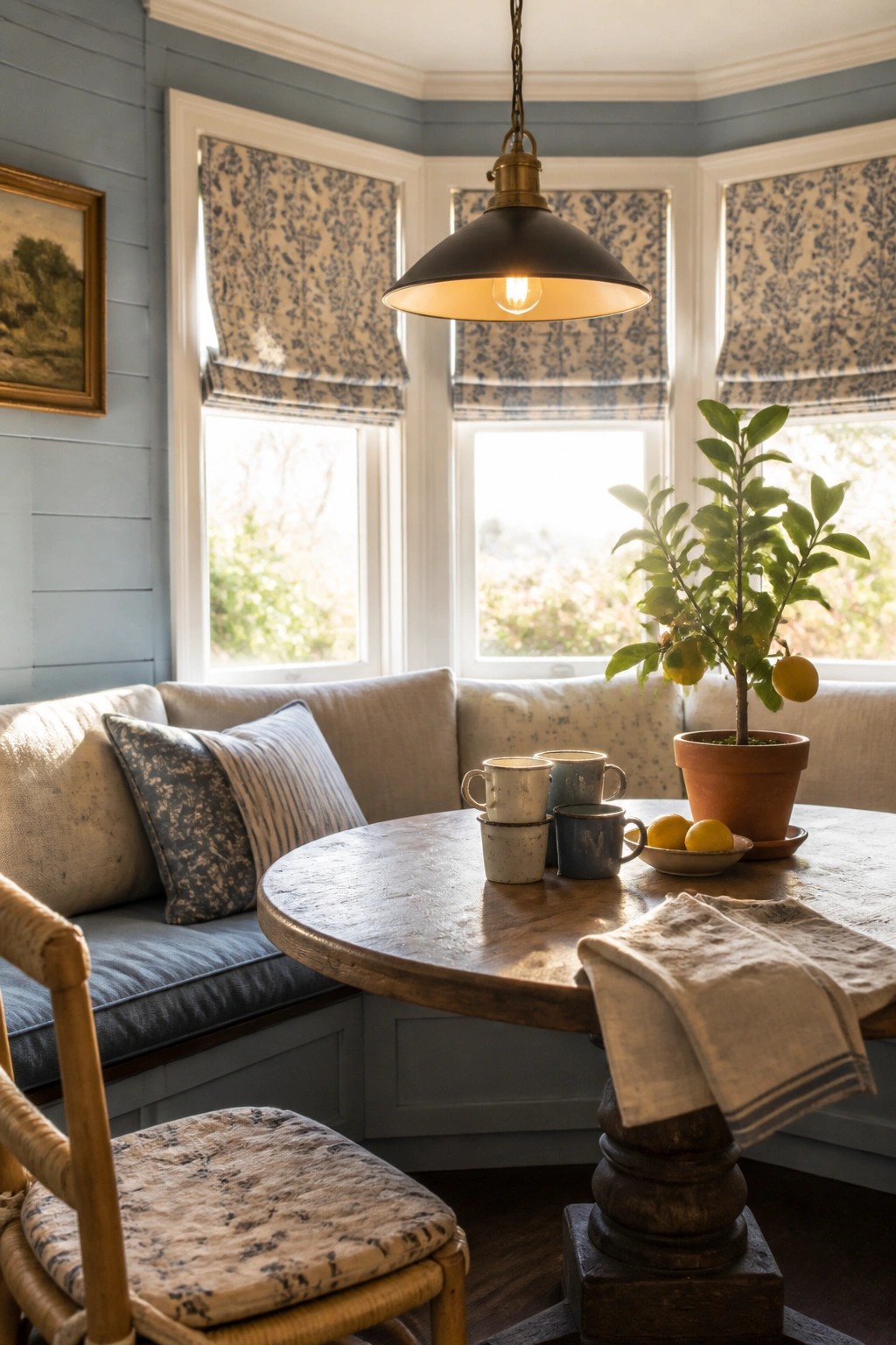A round wooden table with stacked mugs and a potted citrus tree sits in front of a bay window with blue patterned shades, next to a cushioned bench with pillows.