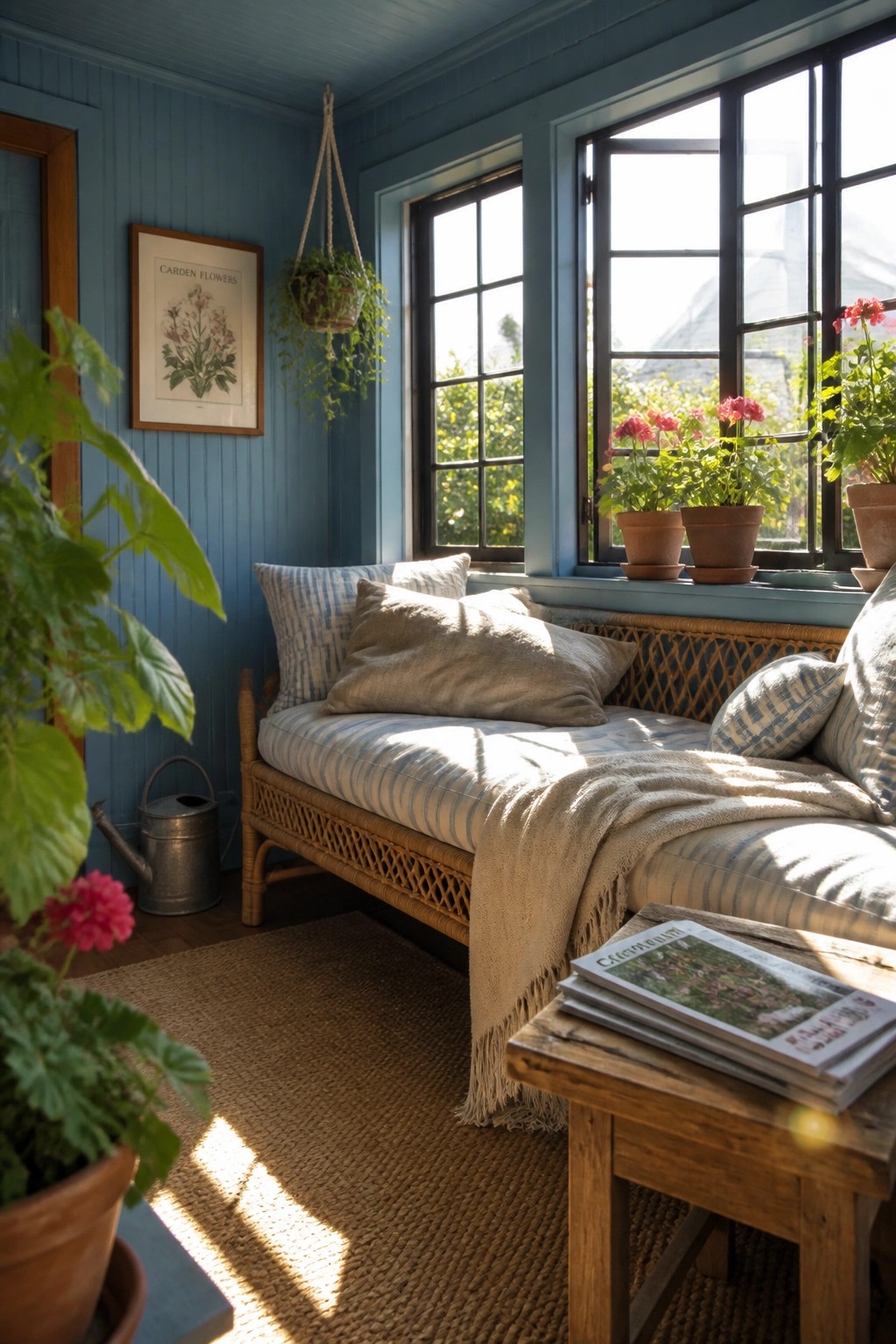 A sunlit interior room with blue paneled walls, a wicker daybed with striped cushions and a beige throw, potted plants on the windowsill, and a framed botanical print.