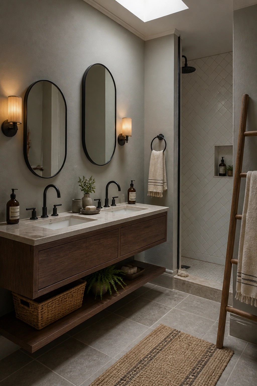 A bathroom with muted gray walls, a floating dark wood double vanity, two oval mirrors, and a white-tiled walk-in shower.