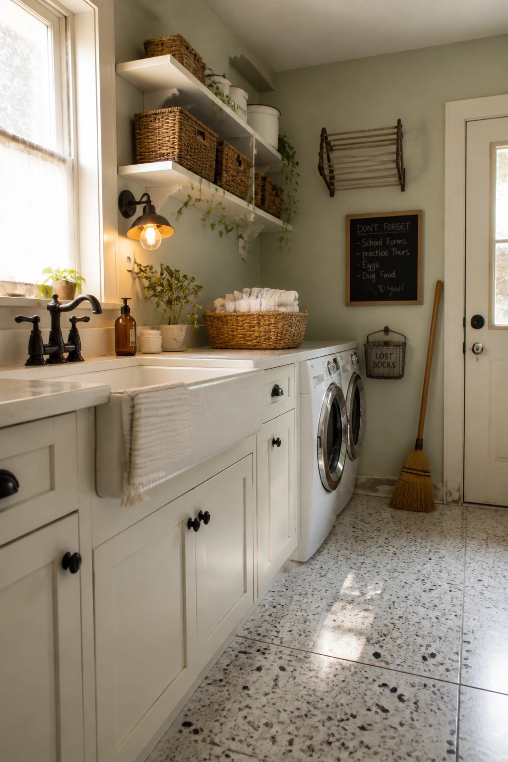A laundry room with soft green walls, white cabinetry, a farmhouse sink, open shelves with baskets, and two front-loading washing machines.