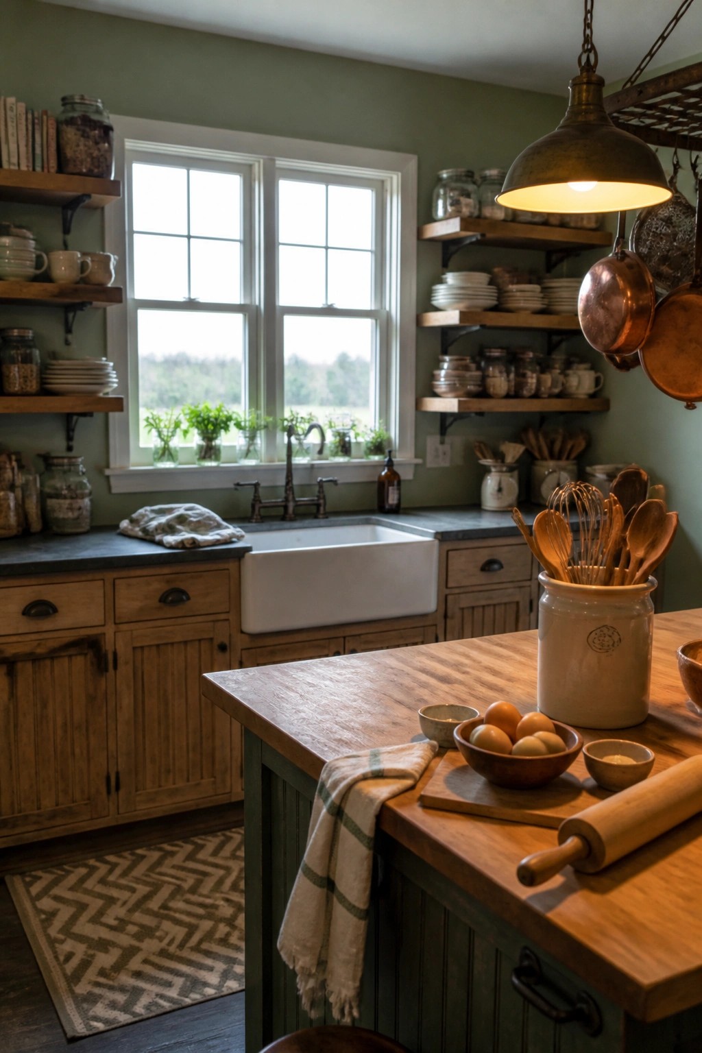 A rustic kitchen interior with sage green walls, wooden cabinets and open shelves, a white farmhouse sink, and a wooden island in the foreground.