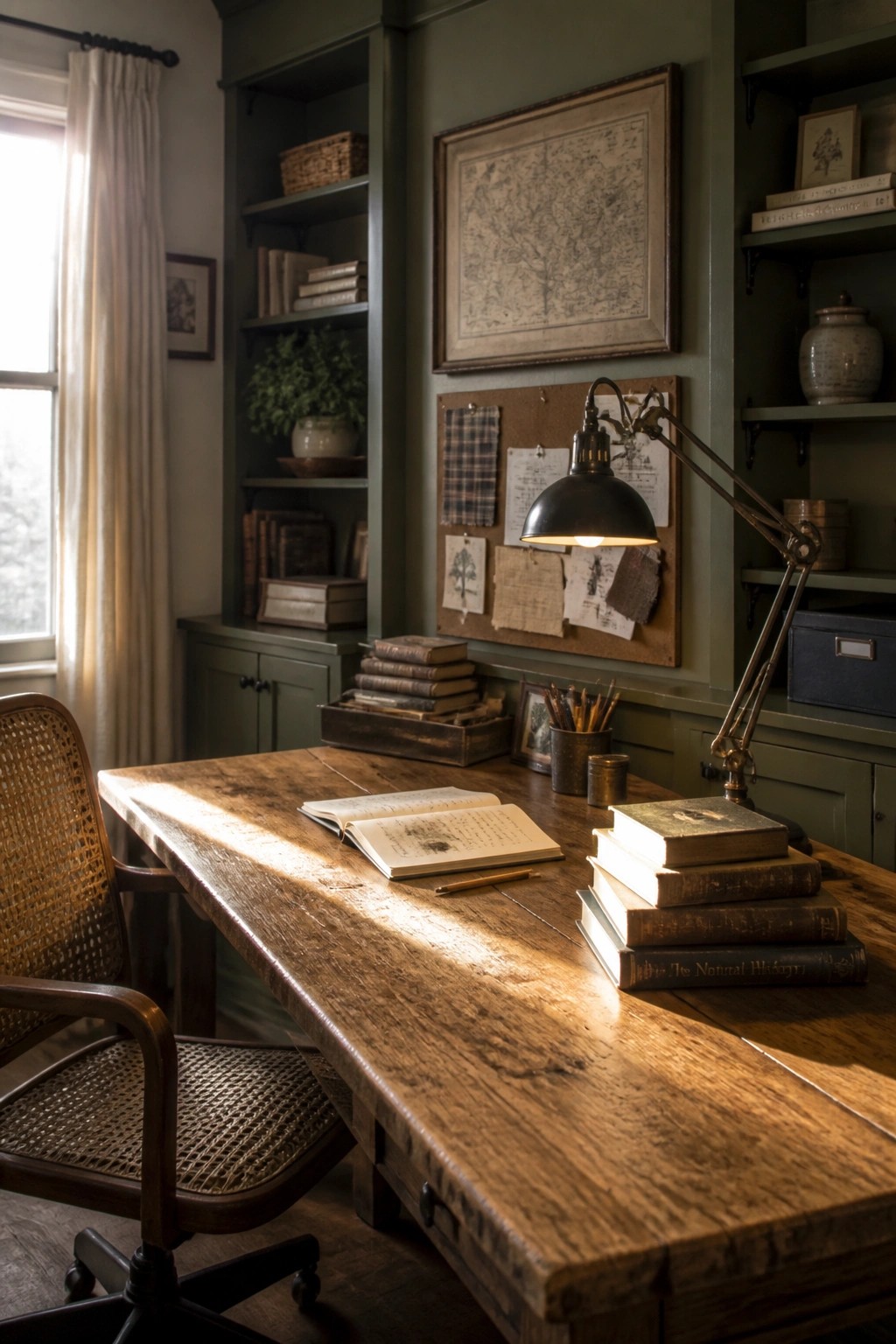 A rustic home office with sage green walls, a large wooden desk, built-in bookshelves, and a woven chair.