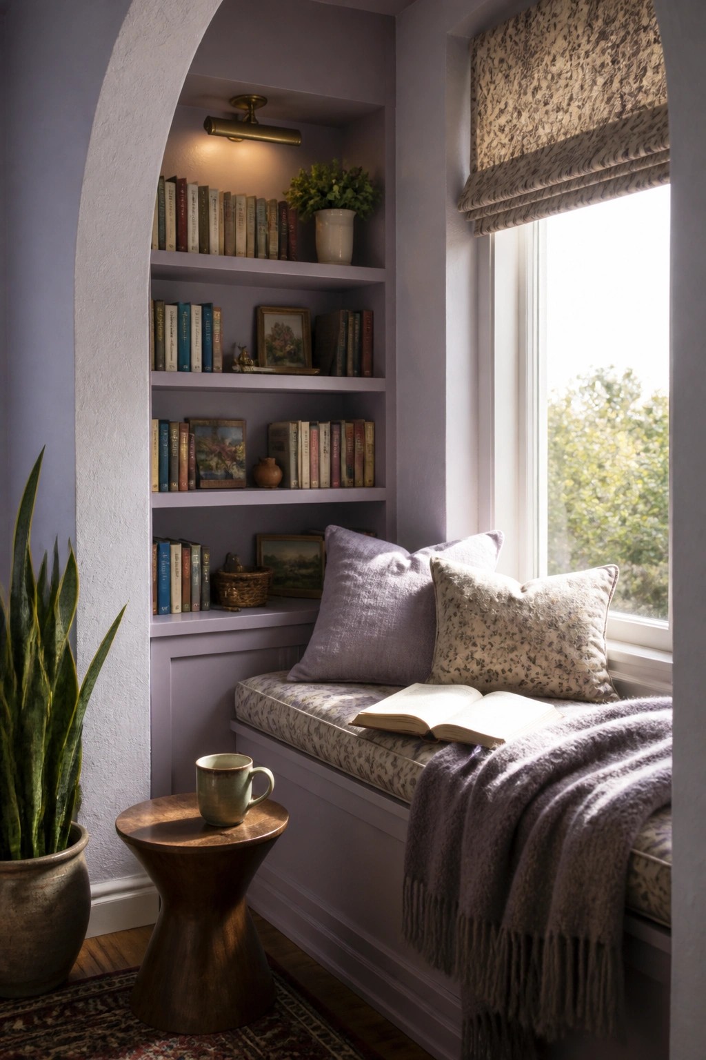 A cozy interior nook with lavender-painted walls, built-in bookshelves, a cushioned window seat with pillows and an open book, a small wooden stool, and a potted plant on the floor.