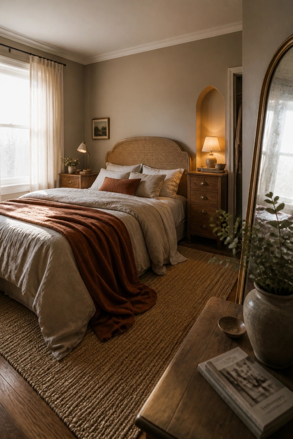 A bedroom with a cane headboard bed, neutral linens, rust-colored throw, wooden nightstands, and soft gray-green walls.