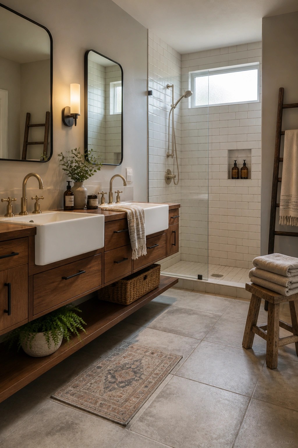 A modern farmhouse bathroom featuring a long wooden double vanity with white farmhouse sinks, black-framed mirrors, and a glass shower with white subway tile.