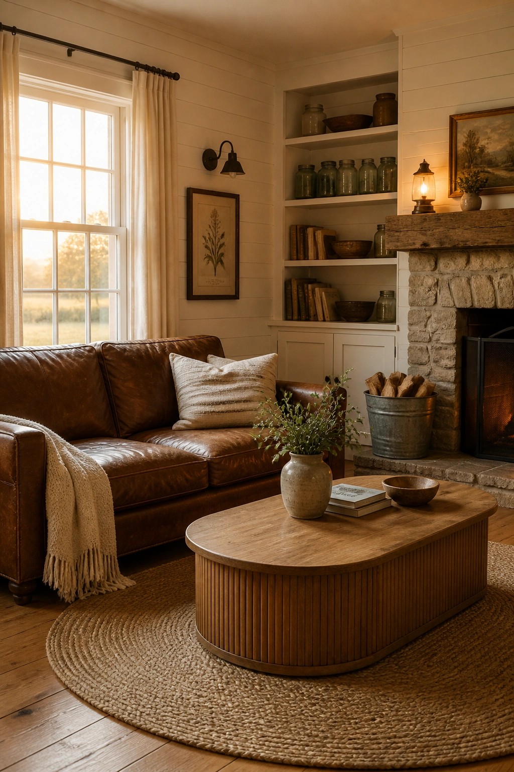 A living room featuring white shiplap walls, a brown leather sofa with pillows, a round wooden coffee table on a round jute rug, built-in white shelves holding books and jars, and a stone fireplace with a lit fire.