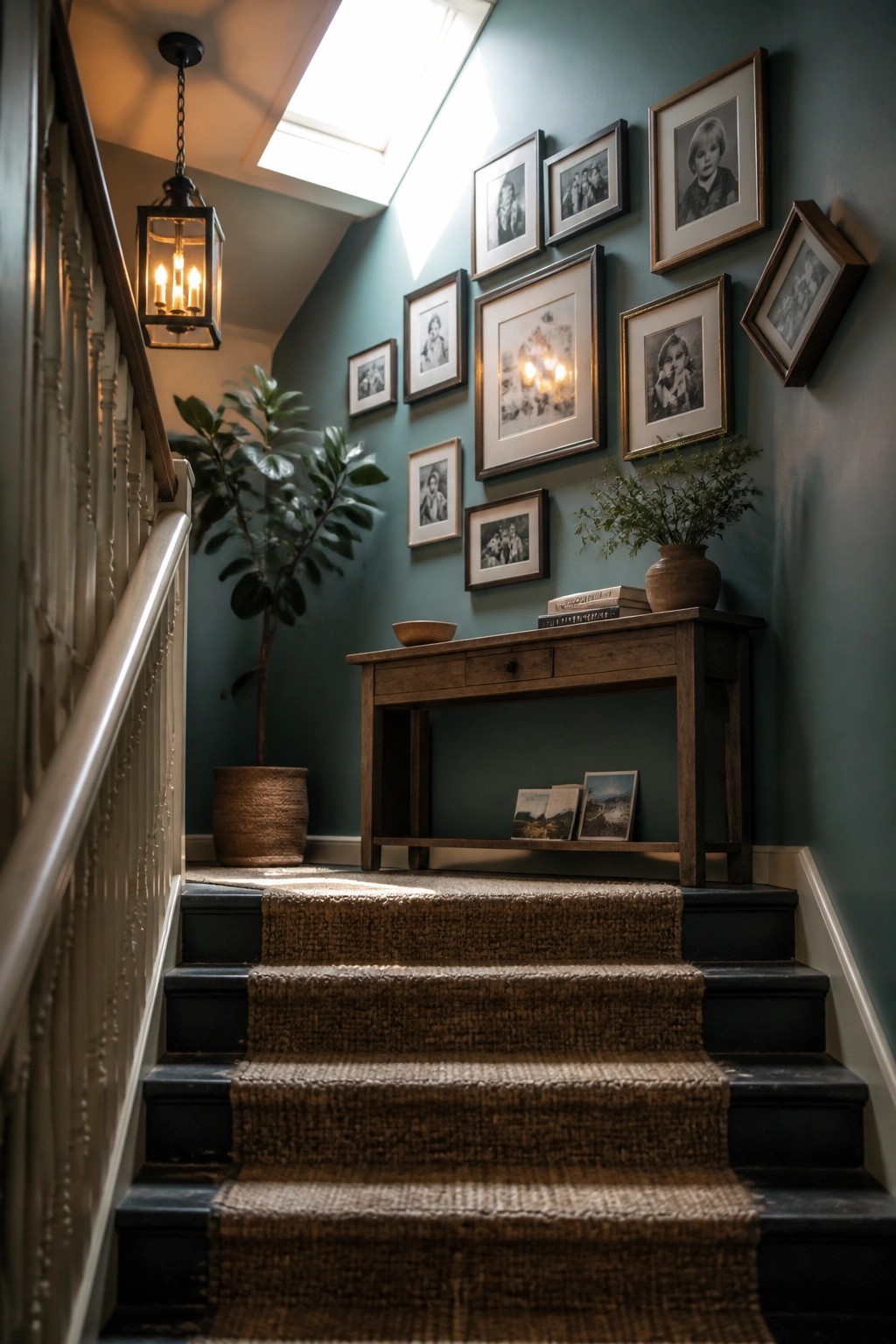 A narrow stairwell with dark teal walls, a gallery wall of framed photos, a wooden console table below, woven stair runner, and a hanging lantern.