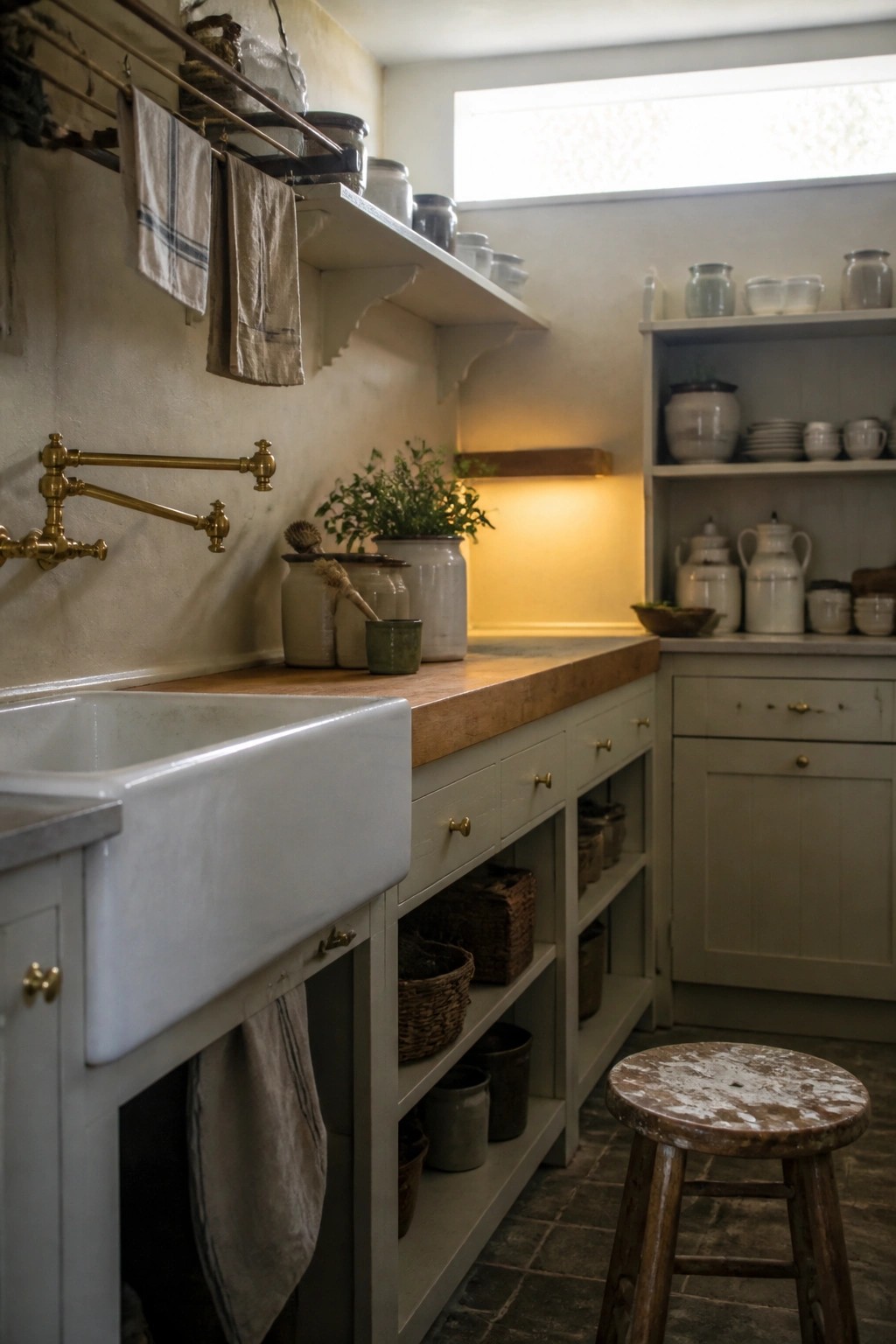 A rustic kitchen with a white farmhouse sink, wooden countertop, gray cabinets, brass faucet, open shelving, and warm neutral walls.