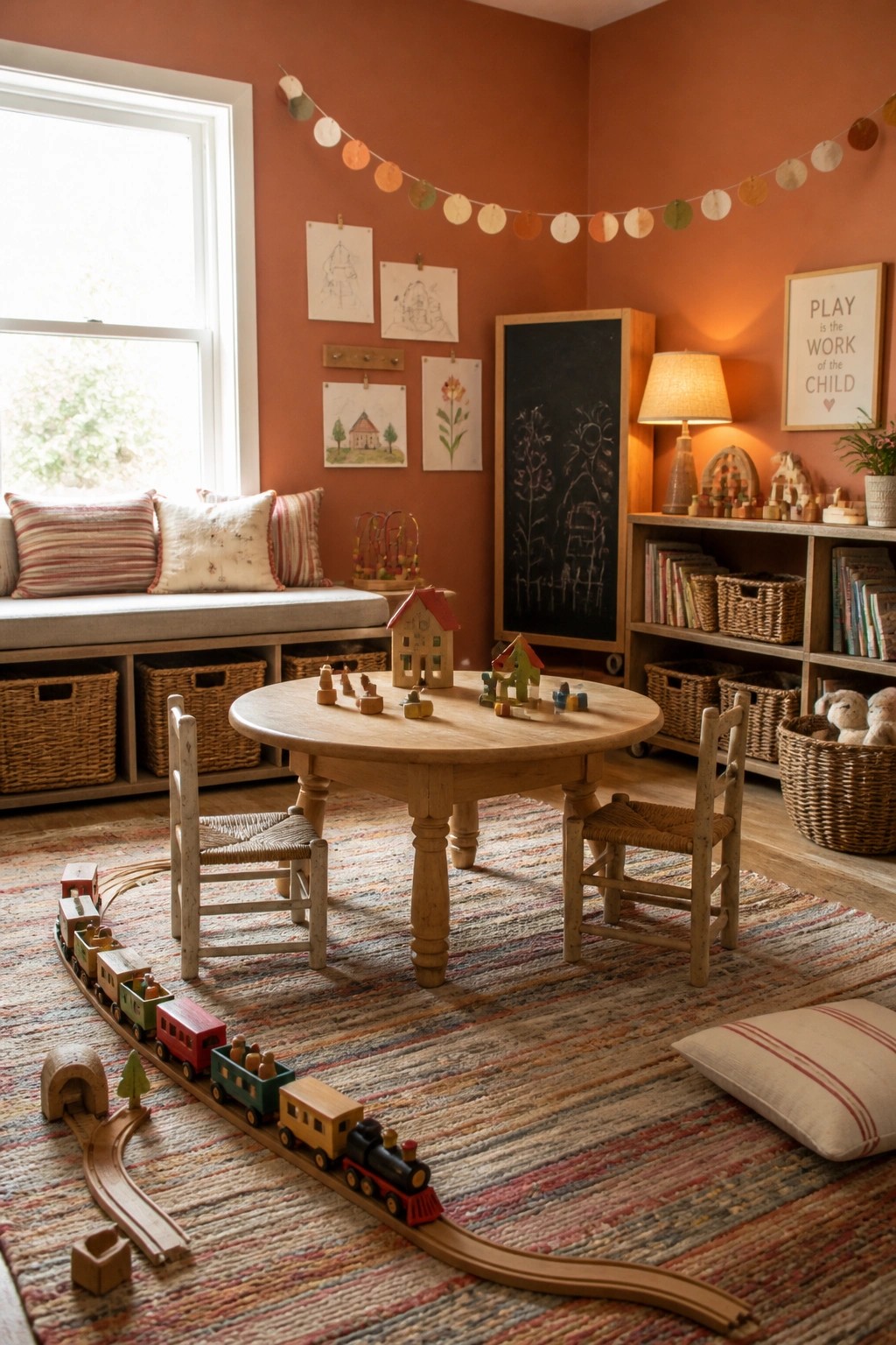 A children's playroom with terracotta walls, a round wooden table with small chairs, toy train tracks on a striped rug, and a window seat with pillows.
