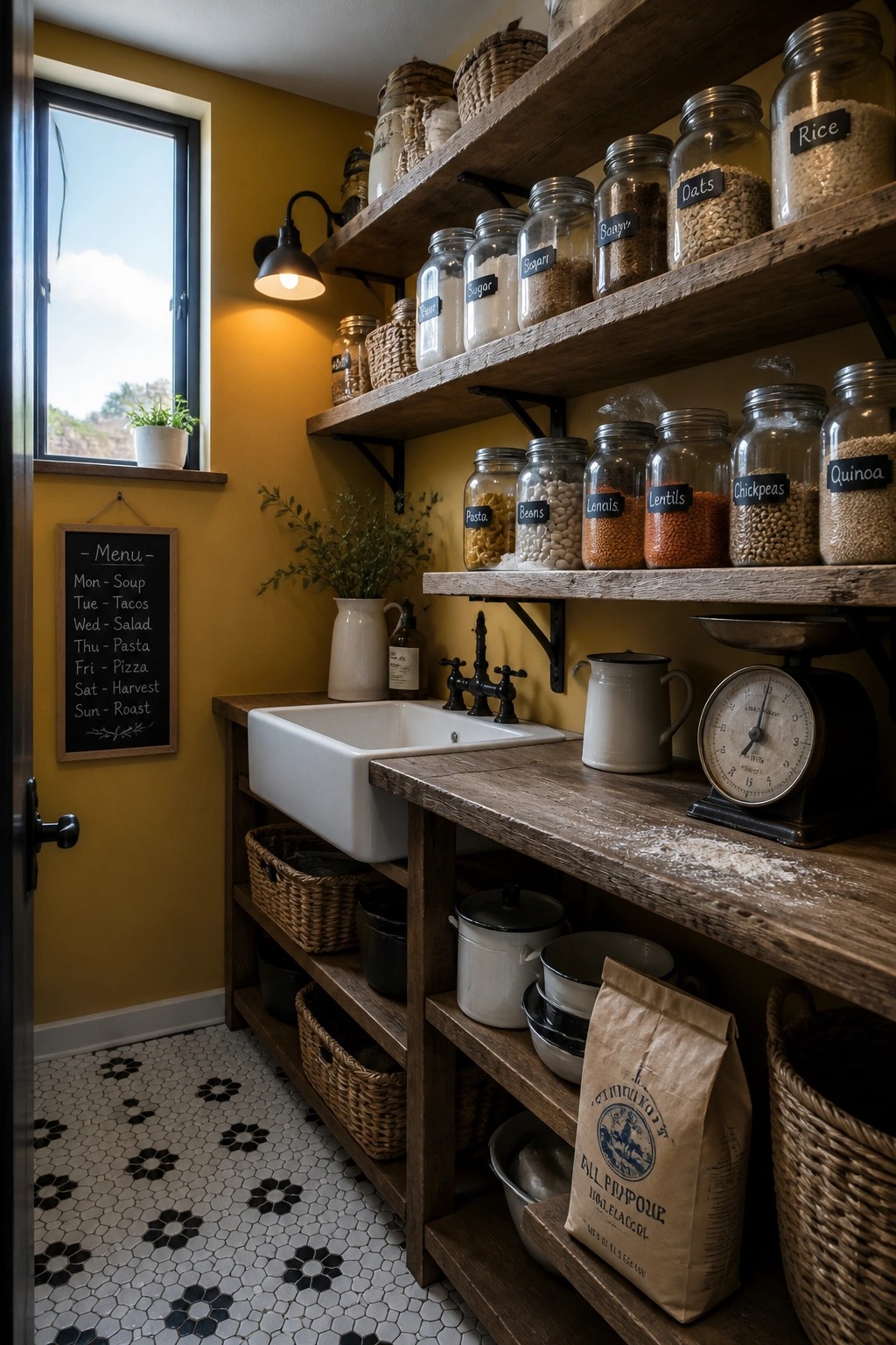 A rustic pantry with mustard-yellow walls, wooden open shelves holding labeled glass jars, a white farmhouse sink, and woven baskets on lower shelves.