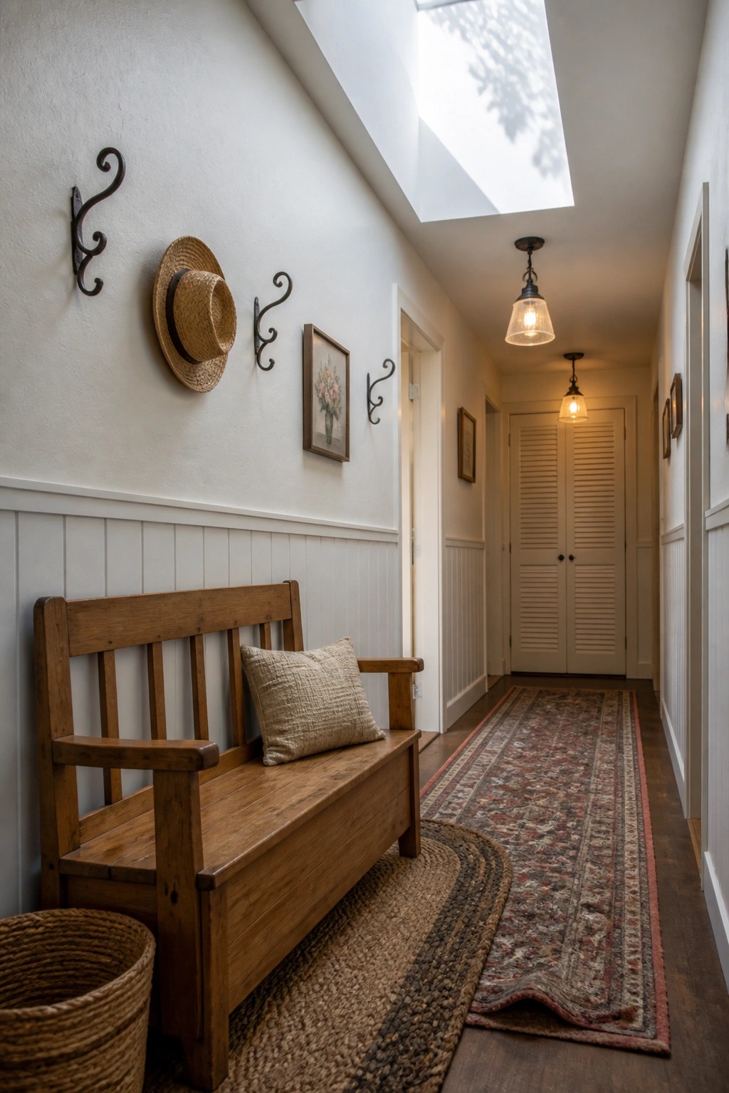 A narrow farmhouse hallway with white walls and white wainscoting, a wooden bench with a pillow, a straw hat on a wall hook, and a long patterned runner rug on the floor.