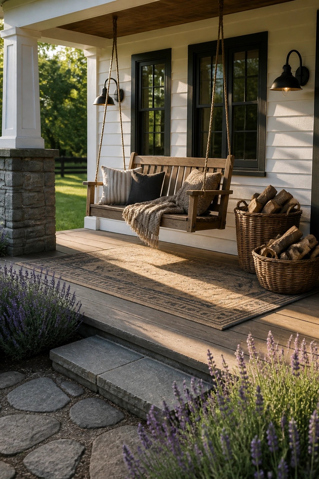 A wooden porch swing with pillows and a throw hangs on a white house porch beside firewood baskets and lavender plants.