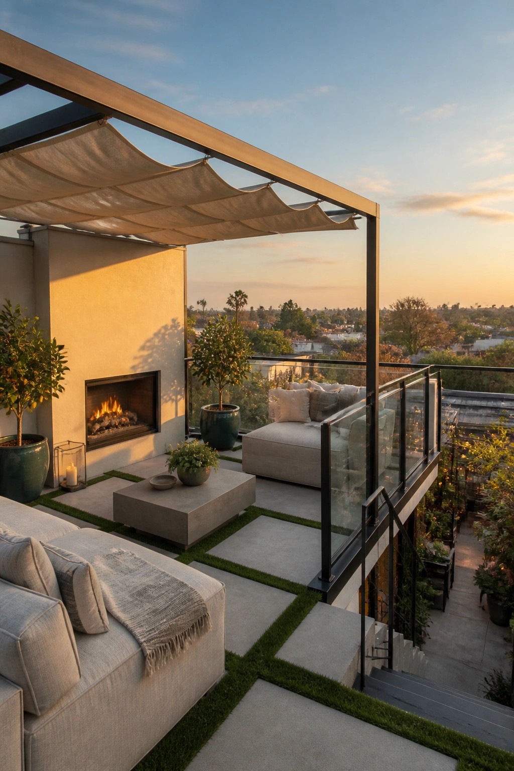 A modern rooftop terrace with a built-in fireplace on a stucco wall, light gray sectional sofas, a concrete coffee table, potted trees, and a beige fabric awning supported by a dark metal frame overlooking a city view at sunset.