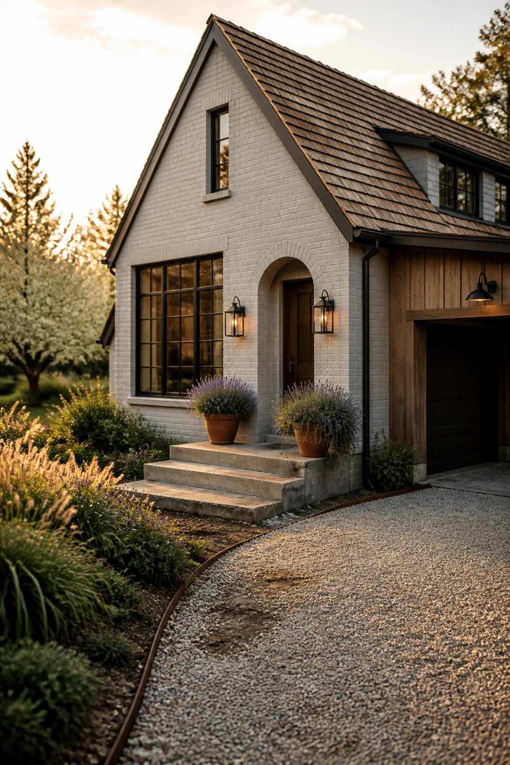 A white brick house with a gabled roof shows a wooden front door set inside an arched brick entry, with black-framed windows and two potted plants on the steps.