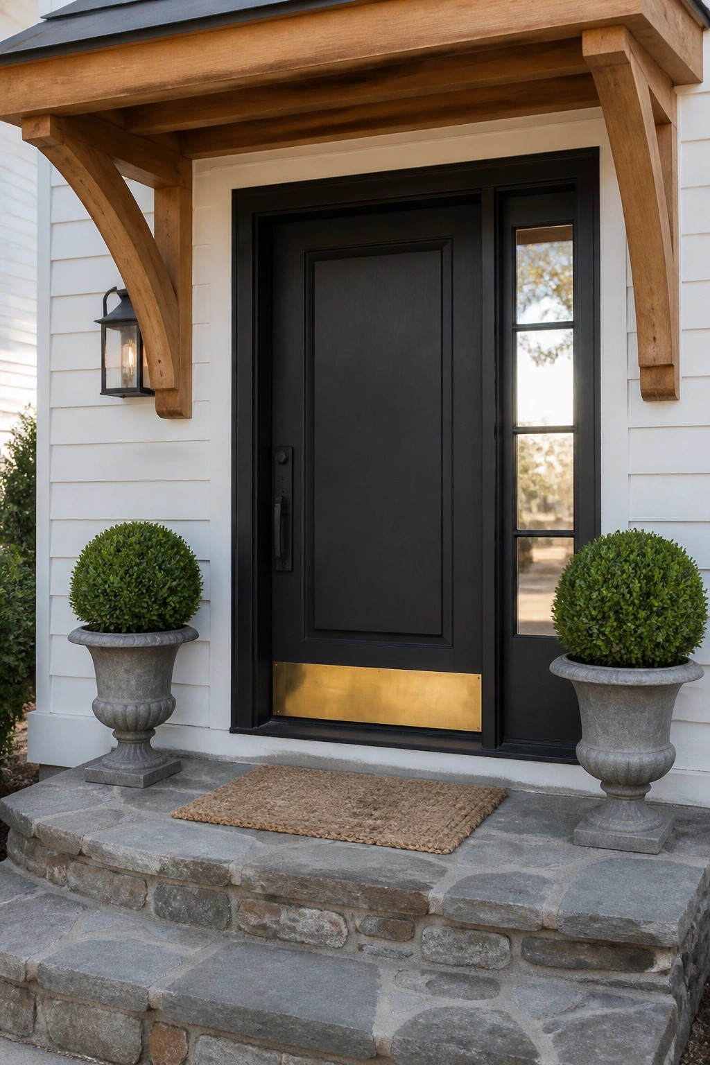 A black front door with a gold kickplate on a white house, framed by wooden beams and flanked by two potted shrubs on stone steps.