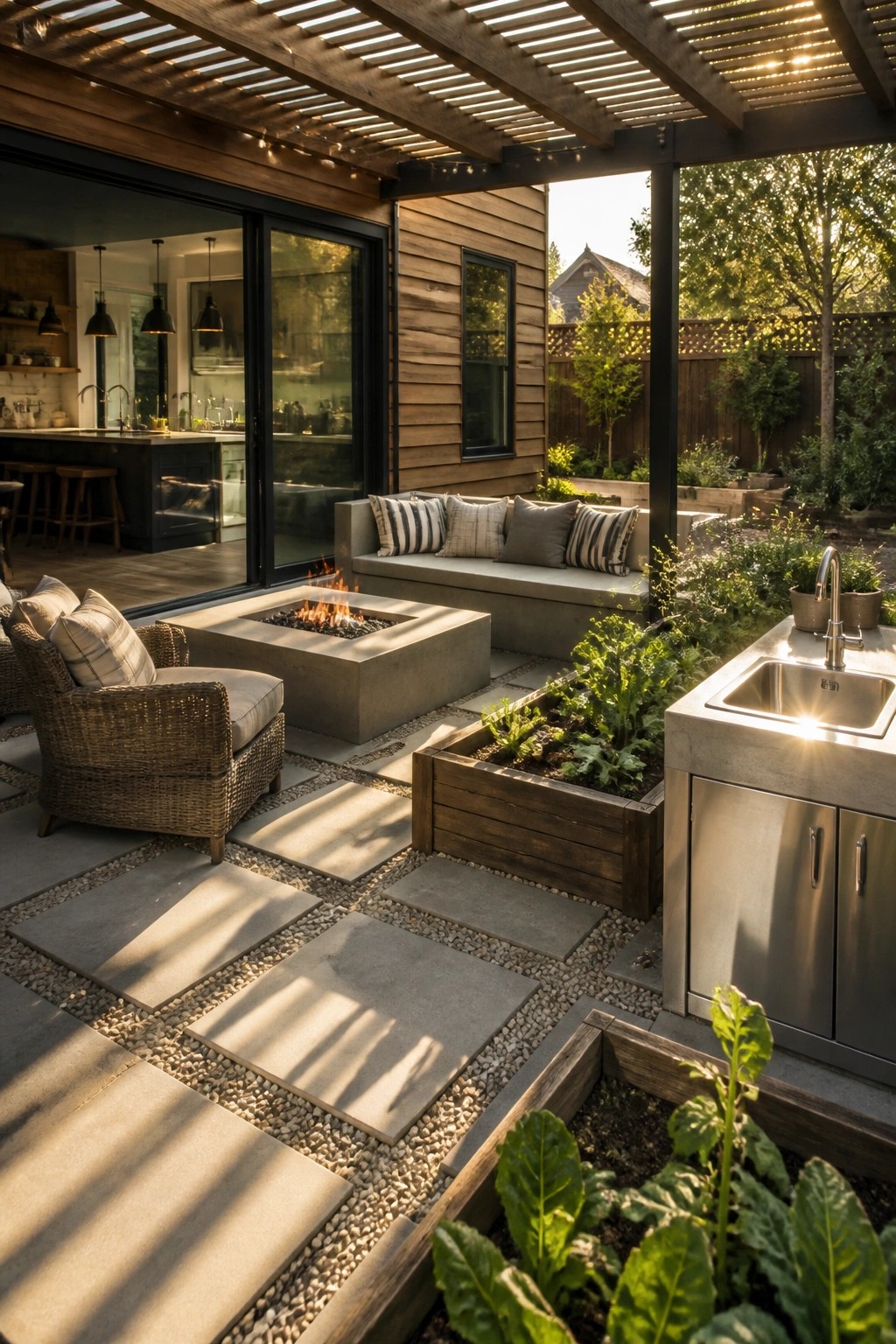 A modern outdoor patio with a concrete fire pit, built-in bench seating, wicker chair, stainless steel sink station, and raised wooden garden beds under a wooden pergola.