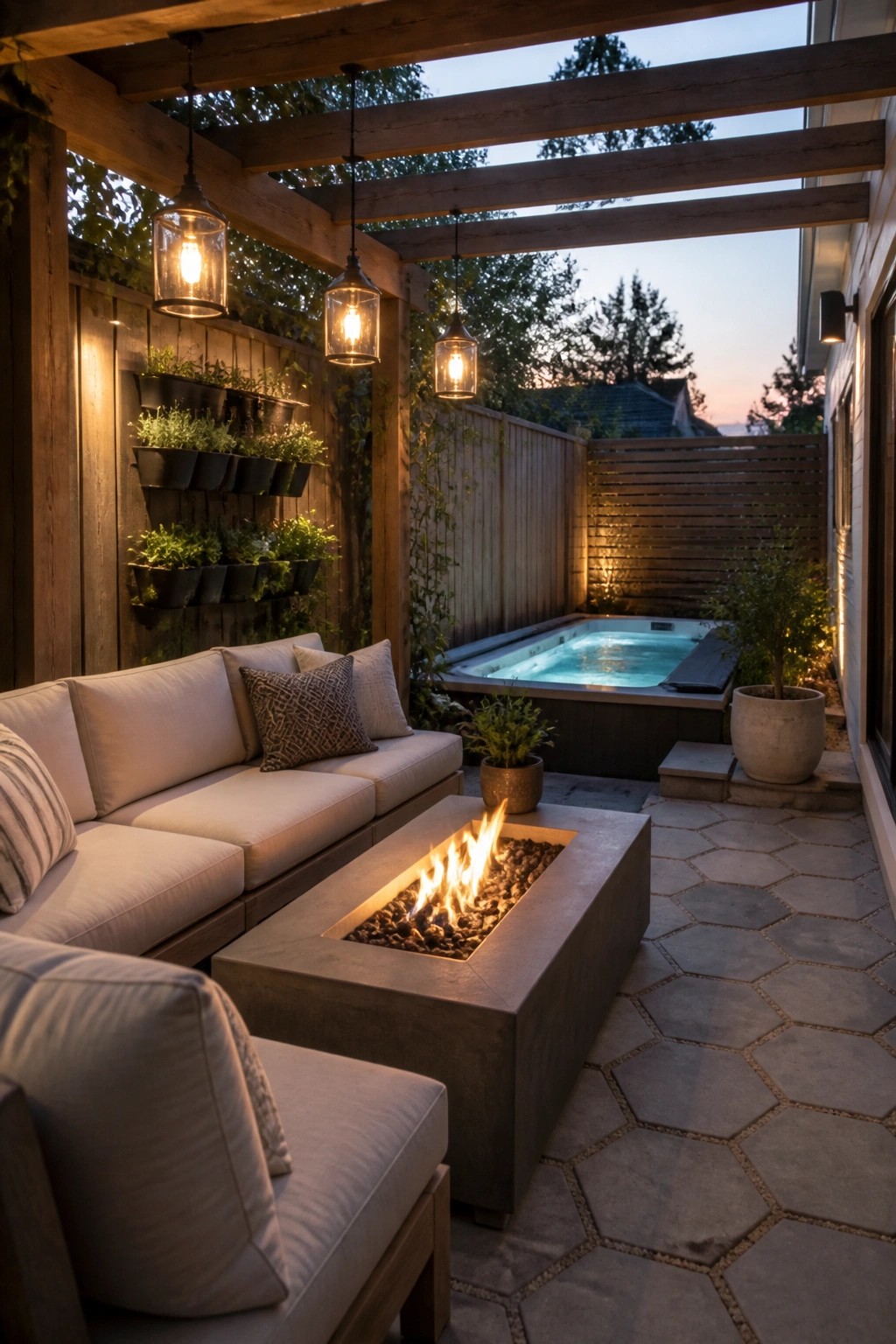 An outdoor patio with a concrete fire pit in the center, surrounded by light-colored sofas, a hot tub in the background, and hanging pendant lights under a wooden pergola.