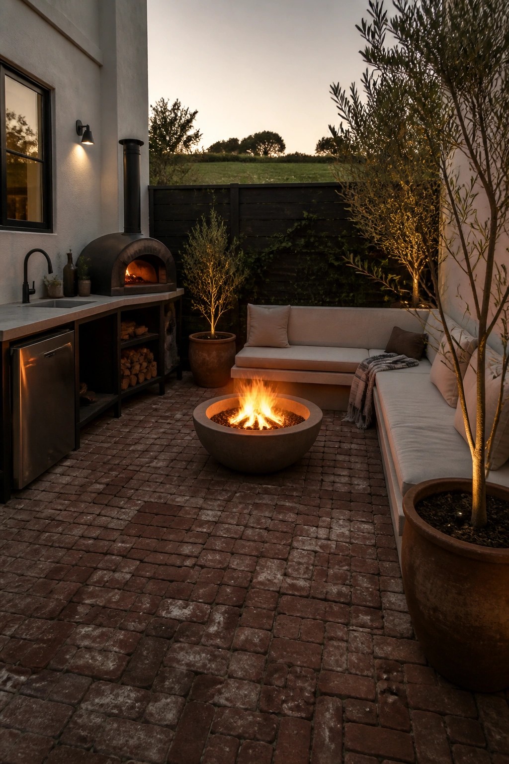 A brick-paved outdoor patio at dusk features a round concrete fire pit with flames, an L-shaped cushioned bench, a large potted tree, and an outdoor kitchen with a pizza oven against a light-colored house wall.