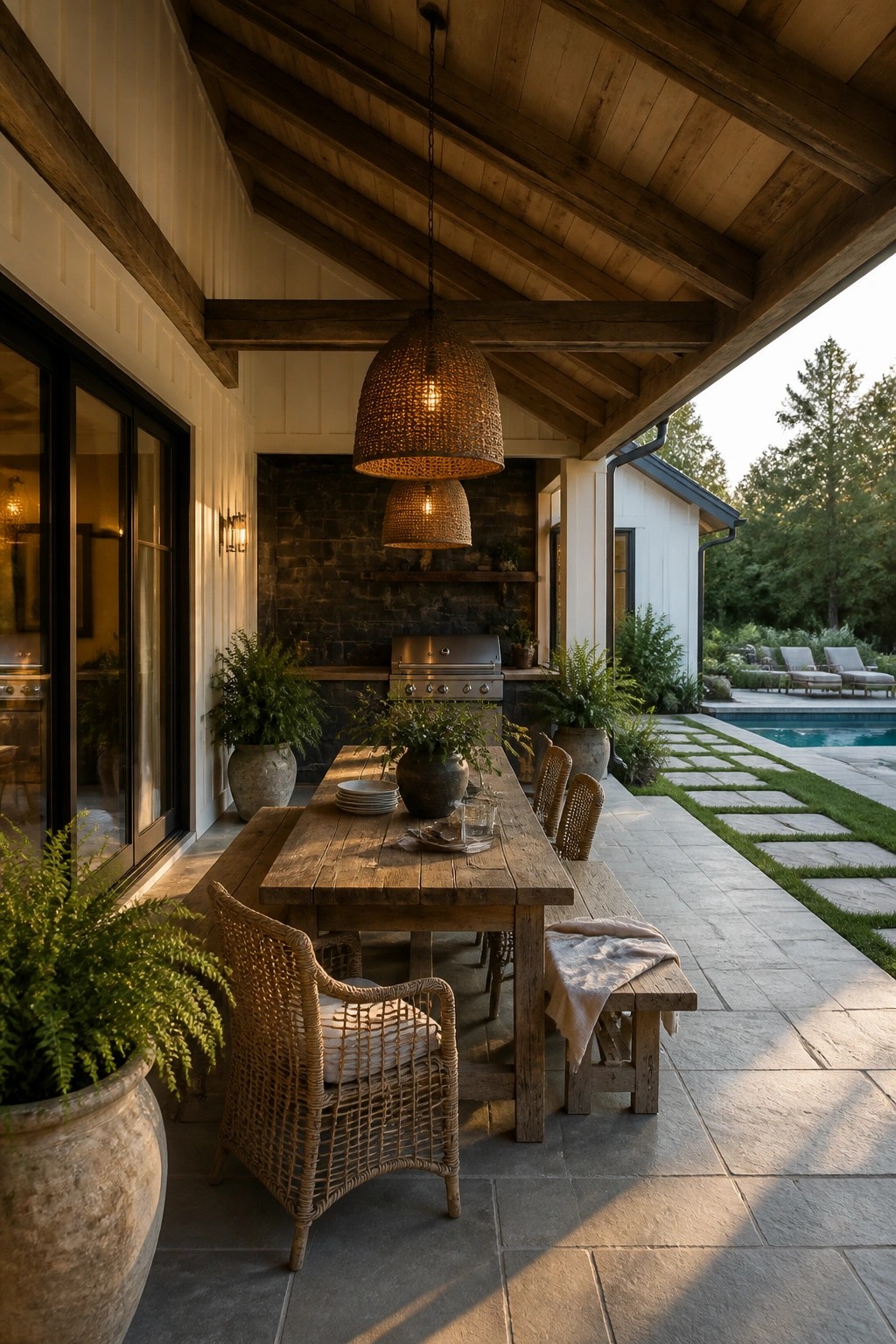 A covered stone patio with a long wooden dining table, woven chairs, hanging woven lights, and a stainless grill built into the back wall beside potted plants.