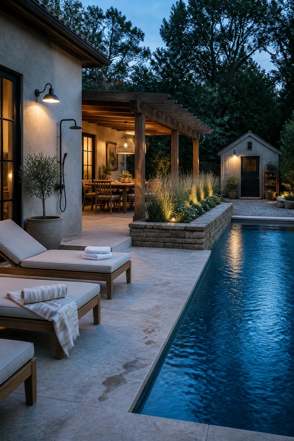 A modern farmhouse pool area at dusk with wooden lounge chairs, a raised stone planter, a pergola-covered dining table, and an outdoor shower mounted on the house wall.