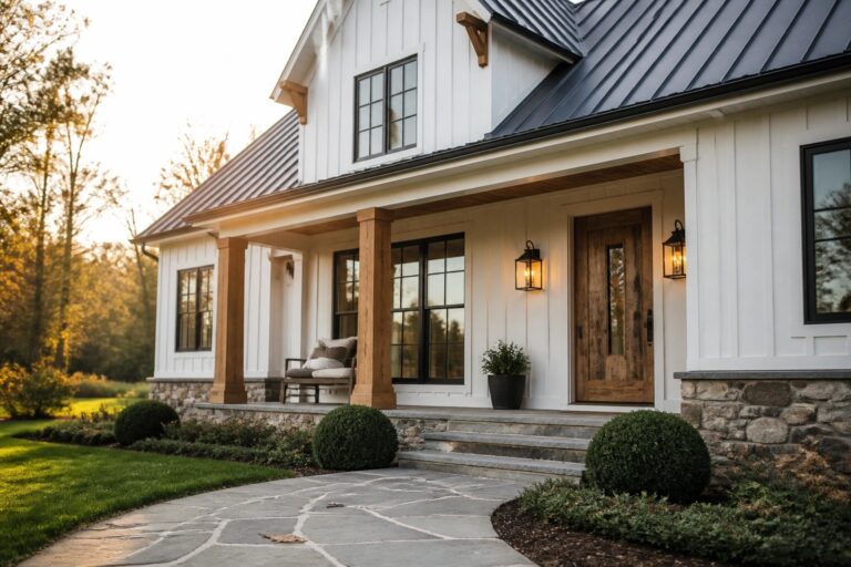 Modern farmhouse exterior with white siding, wooden porch columns resting on a stone foundation, stone steps, and a stone walkway leading to a dark wood front door.