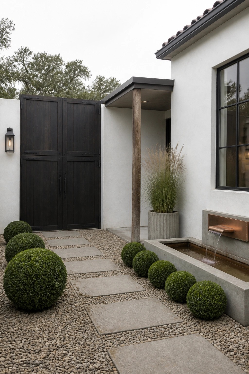 A modern farmhouse side courtyard with large concrete pavers set in gravel, bordered by round boxwood shrubs, a concrete water feature, and dark wooden gates.