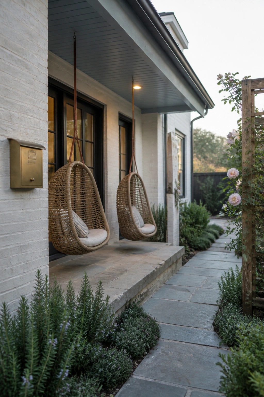 Two woven hanging chairs suspended from the overhang of a white brick house porch beside a stone path and garden beds.